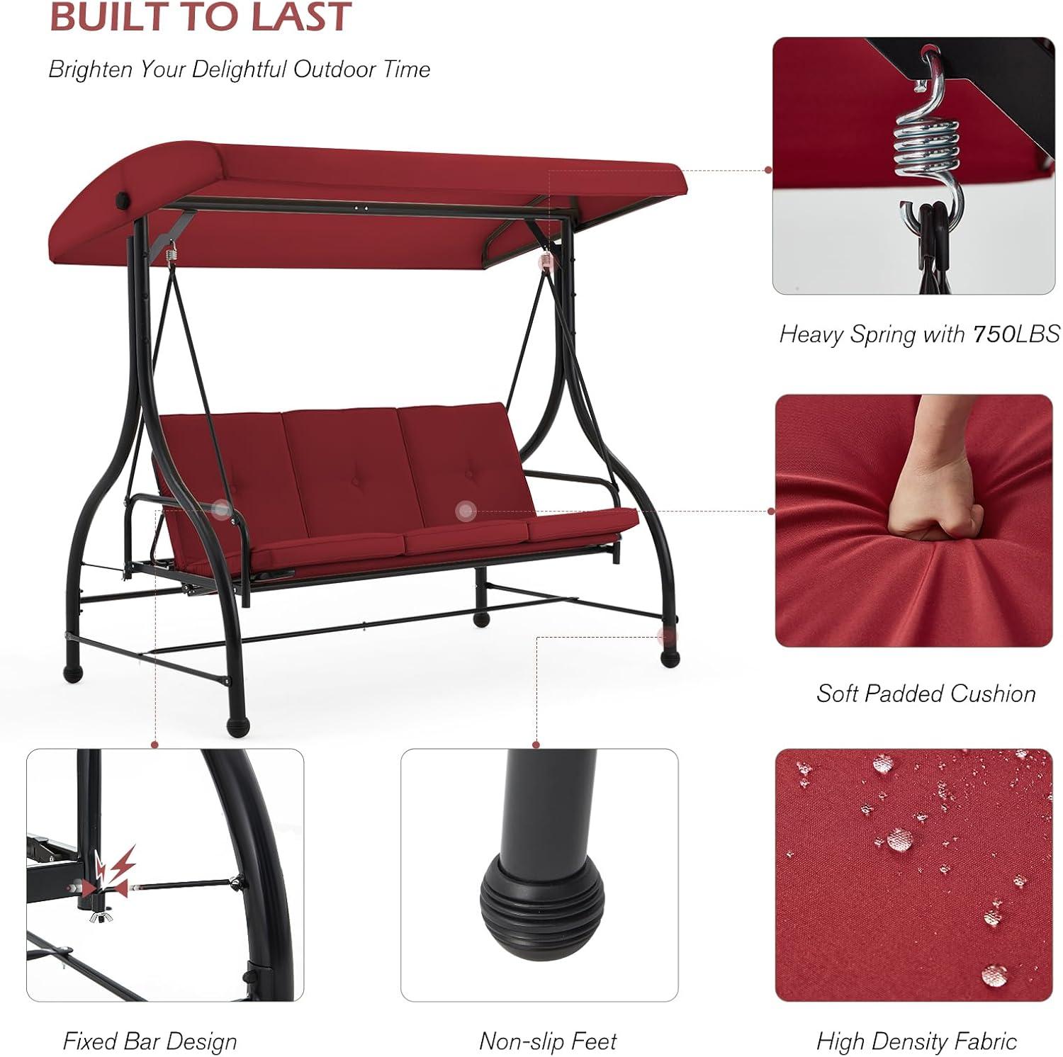 Burgundy 3-Seat Outdoor Swing with Adjustable Canopy and Cushions