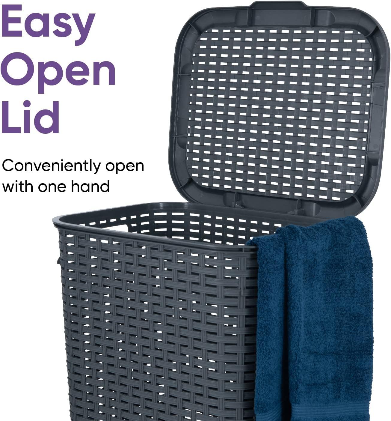 Laundry Basket, Laundry Hamper with Lid, Large 60-liter Wicker Style Hamper with Cutout Handle, to Storage Dirty Clothes in Washroom, Bathroom, Bedroom, or Dorm Room, Grey Color. By Superio