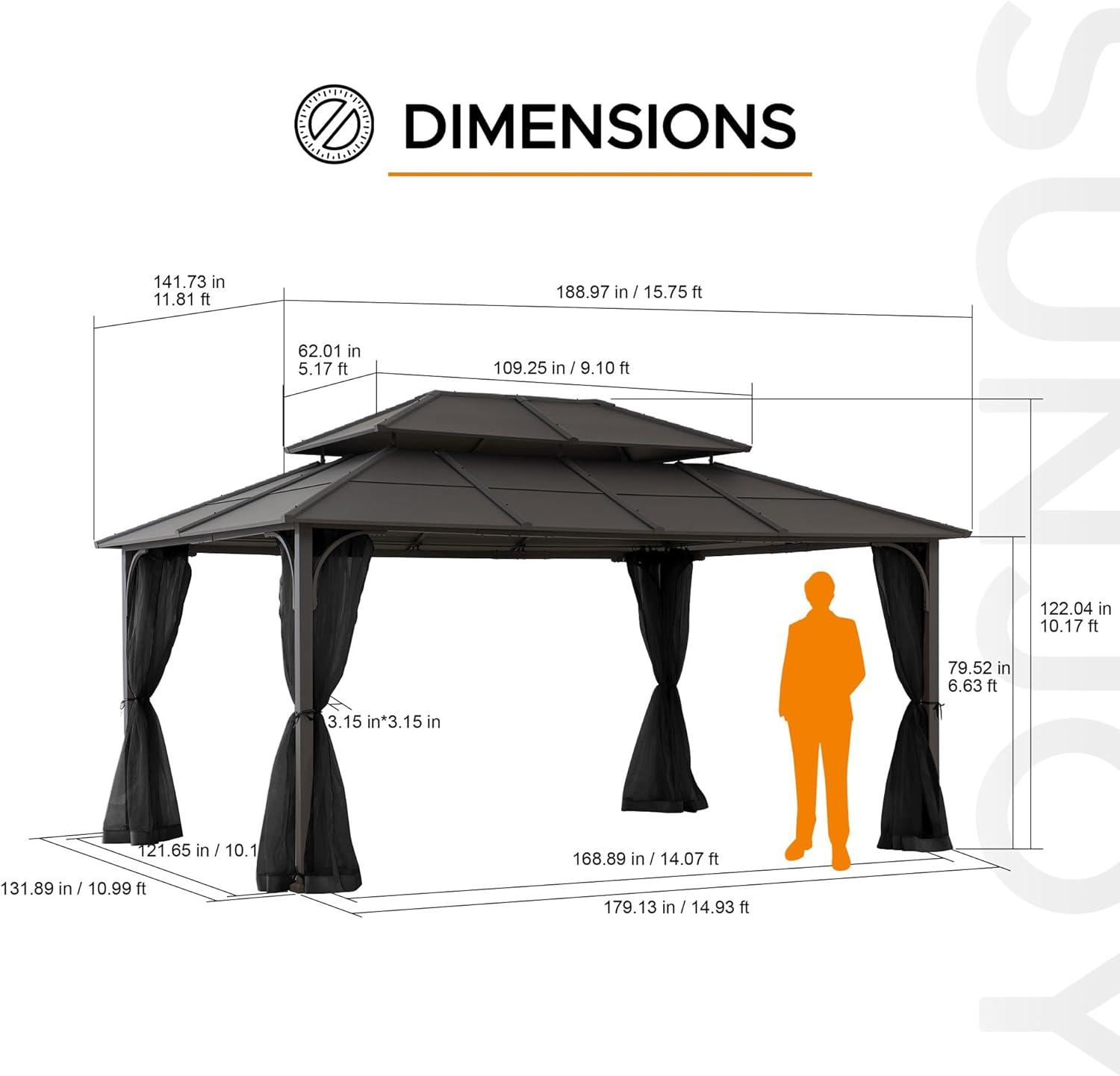 Sunjoy Hardtop Gazebo 12 x 16 ft. Outdoor Gazebo, Heavy Duty Steel Frame Gazebo, Double Tiered Metal Gazebo with Ceiling Hook and Removable Netting Sidewalls