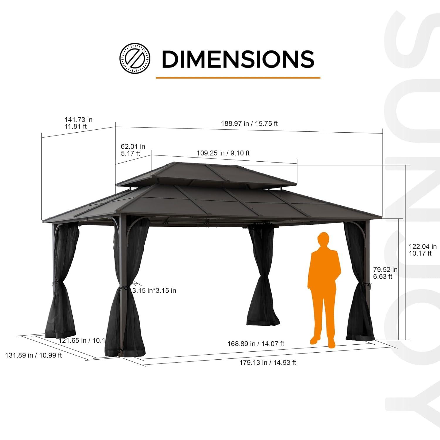 Sunjoy Sunjoy Hardtop Gazebo 12 x 16 ft. Outdoor Gazebo, Heavy Duty Steel Frame Gazebo, Double Tiered Metal Gazebo with Ceiling Hook and Removable Netting Sidewalls