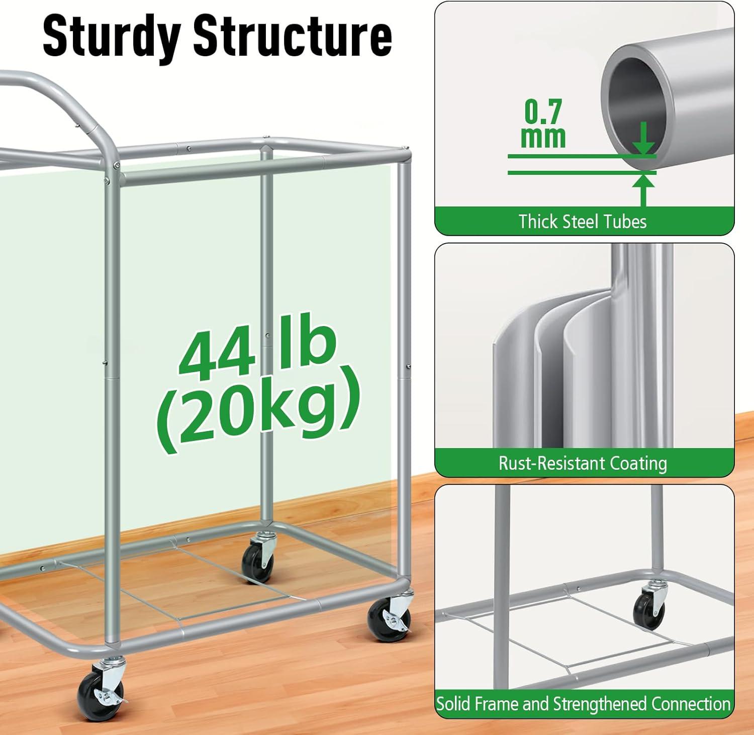 Beige 140L Rolling Laundry Sorter with Steel Frame and Removable Liner