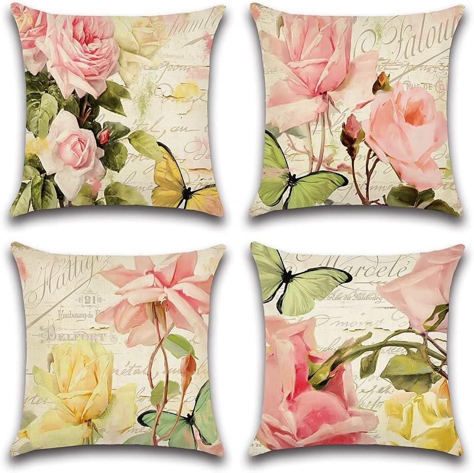 Artscope Set of 4 Waterproof Throw Pillow Covers 18x18 Inches, Pink Roses and Butterfly Pattern Decorative Cushion Covers, Perfect to Outdoor Patio Garden Living Room Sofa Farmhouse Decor