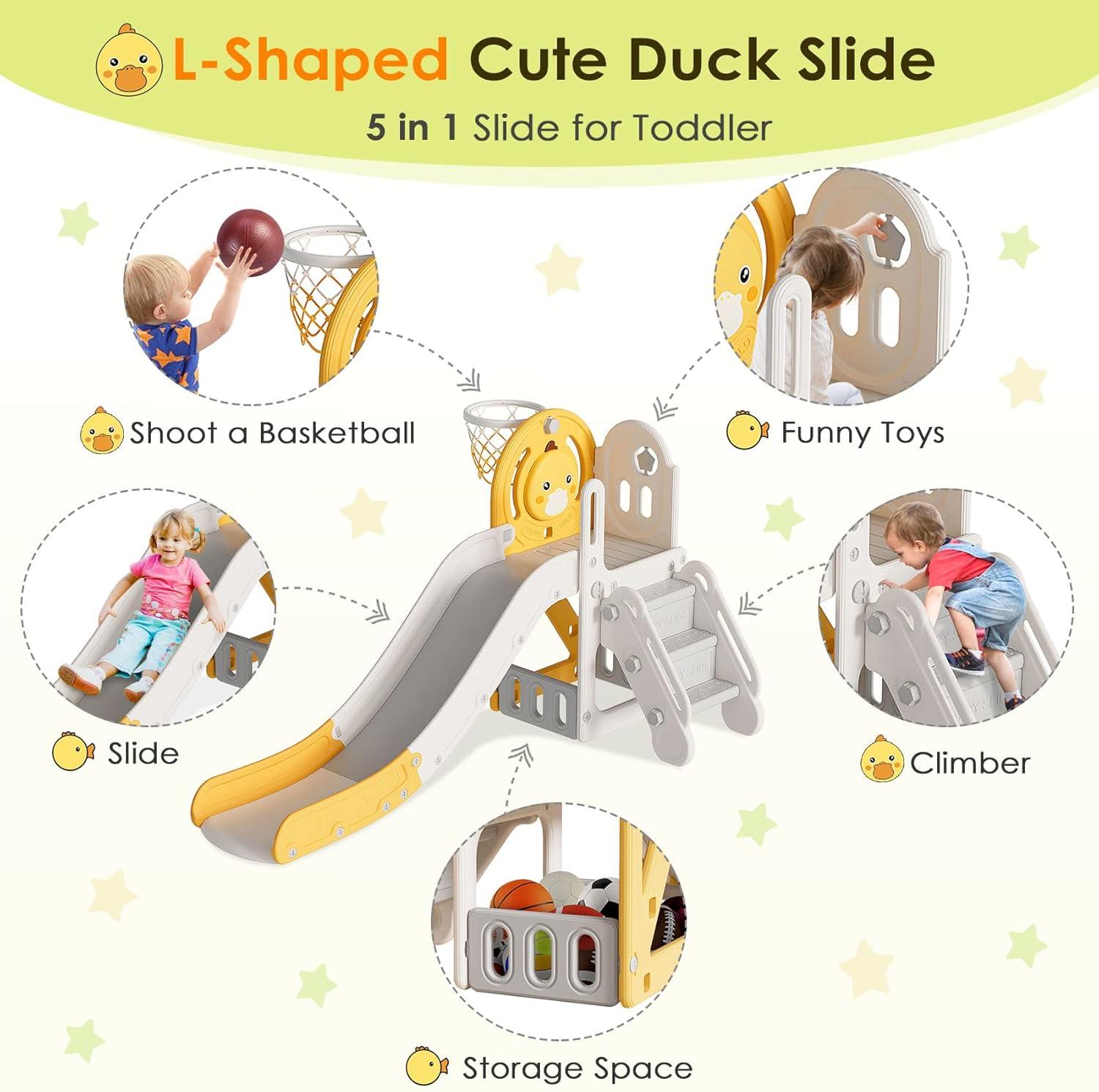 Yellow Duck Theme 5-in-1 Toddler Slide with Basketball Hoop