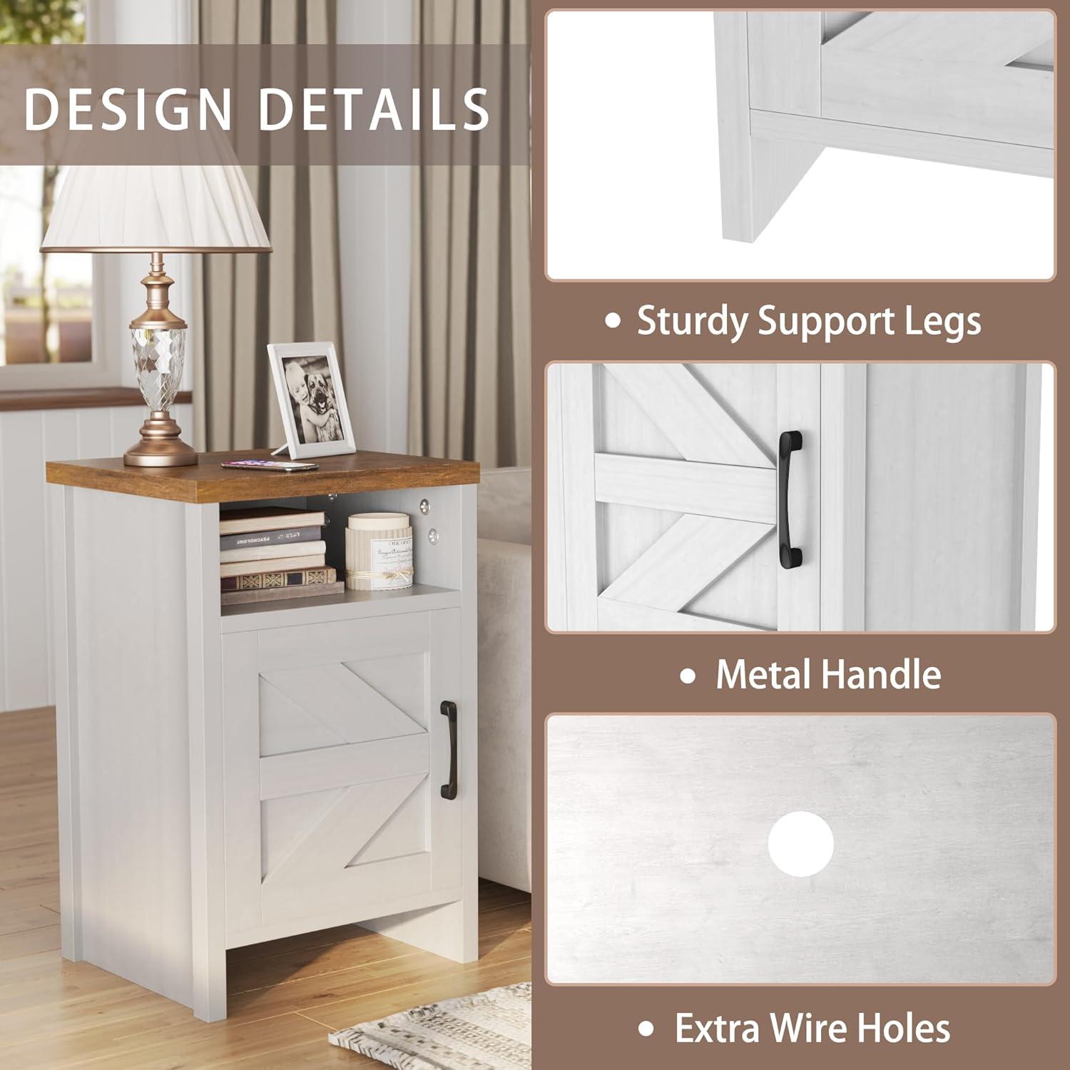 Farmhouse Nightstand, Modern Bedside Table Set of 2 with Barn Door and Shelf, Rustic End Table Side Table for Bedroom, Living Room (White)