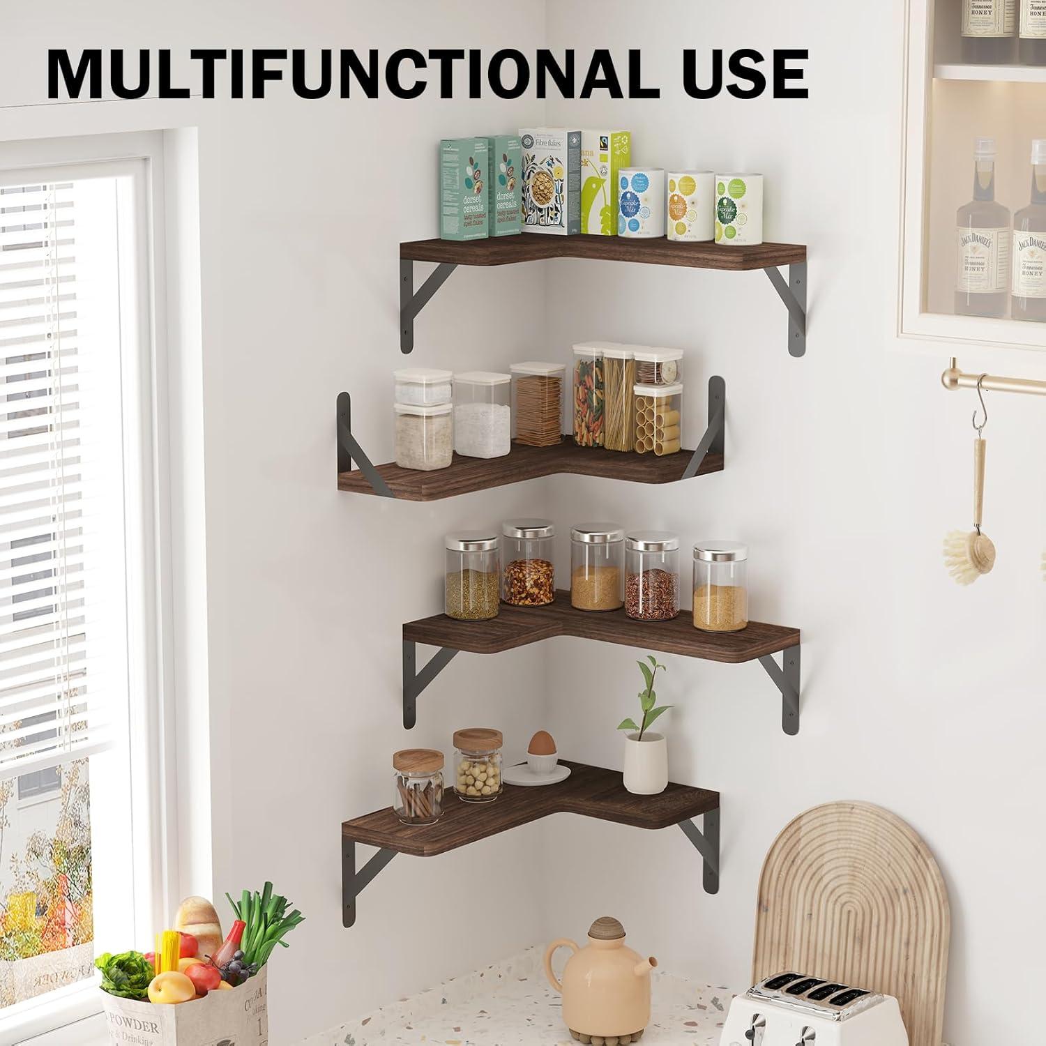 Brown L-Shaped Wooden Corner Floating Shelves Set of 4