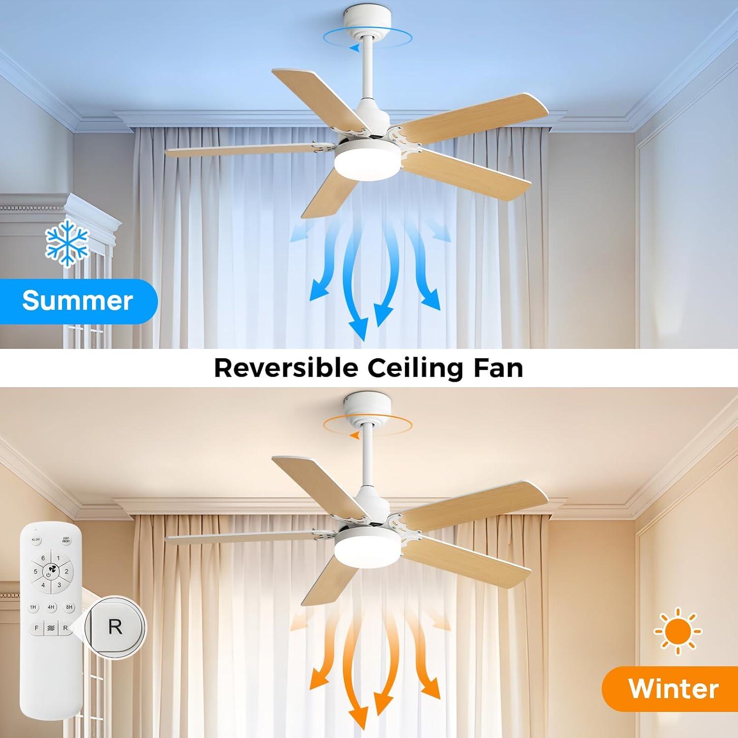 42 Inch Modern Ceiling Fan With 3 Color Dimmable Light 5 Blades Remote Control Reversible Dc Motor White