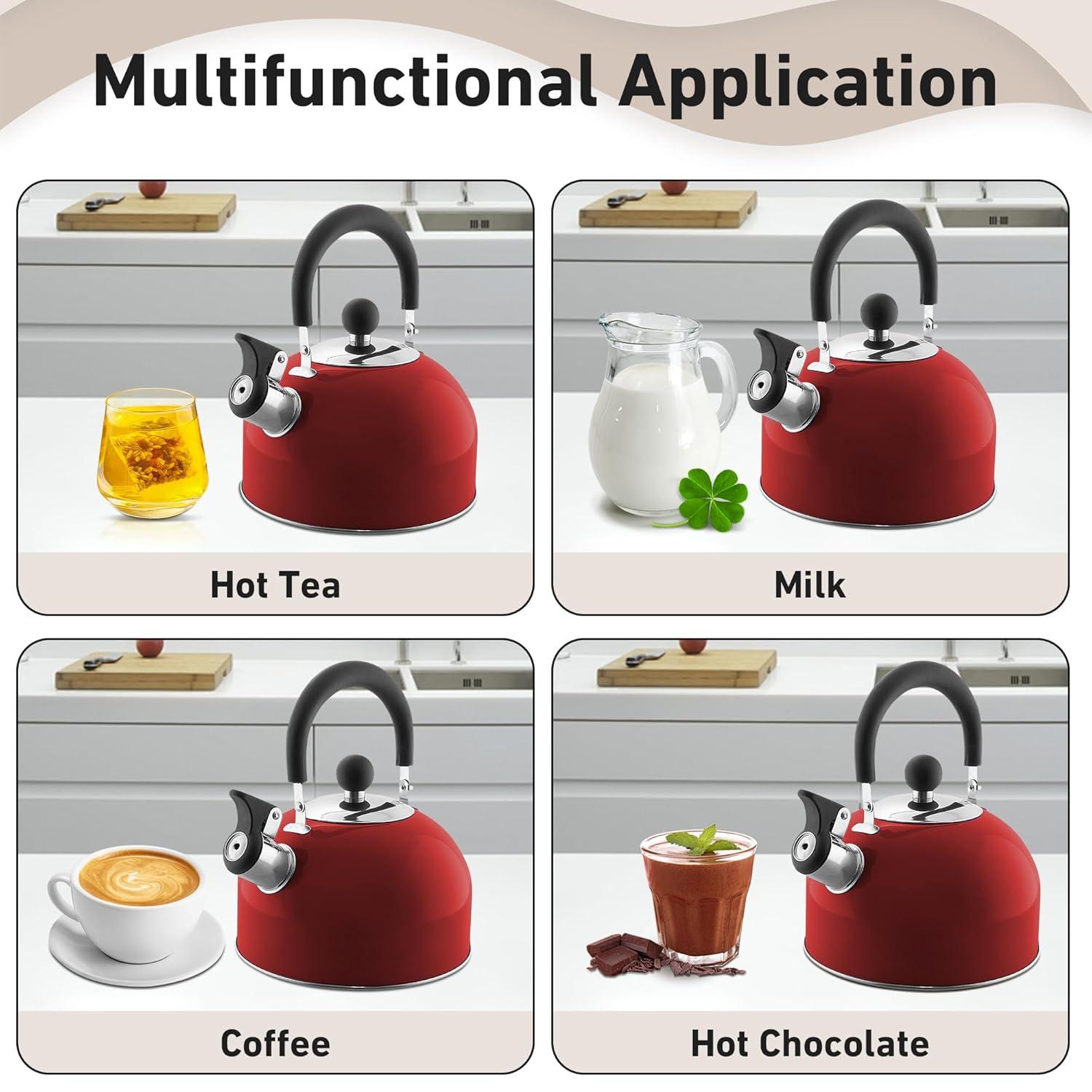 Lily's Home 2 Quart Stainless Steel Whistling Tea Kettle, the Perfect Stovetop Tea and Water Boilers for Your Home, Dorm, Condo or Apartment. Red
