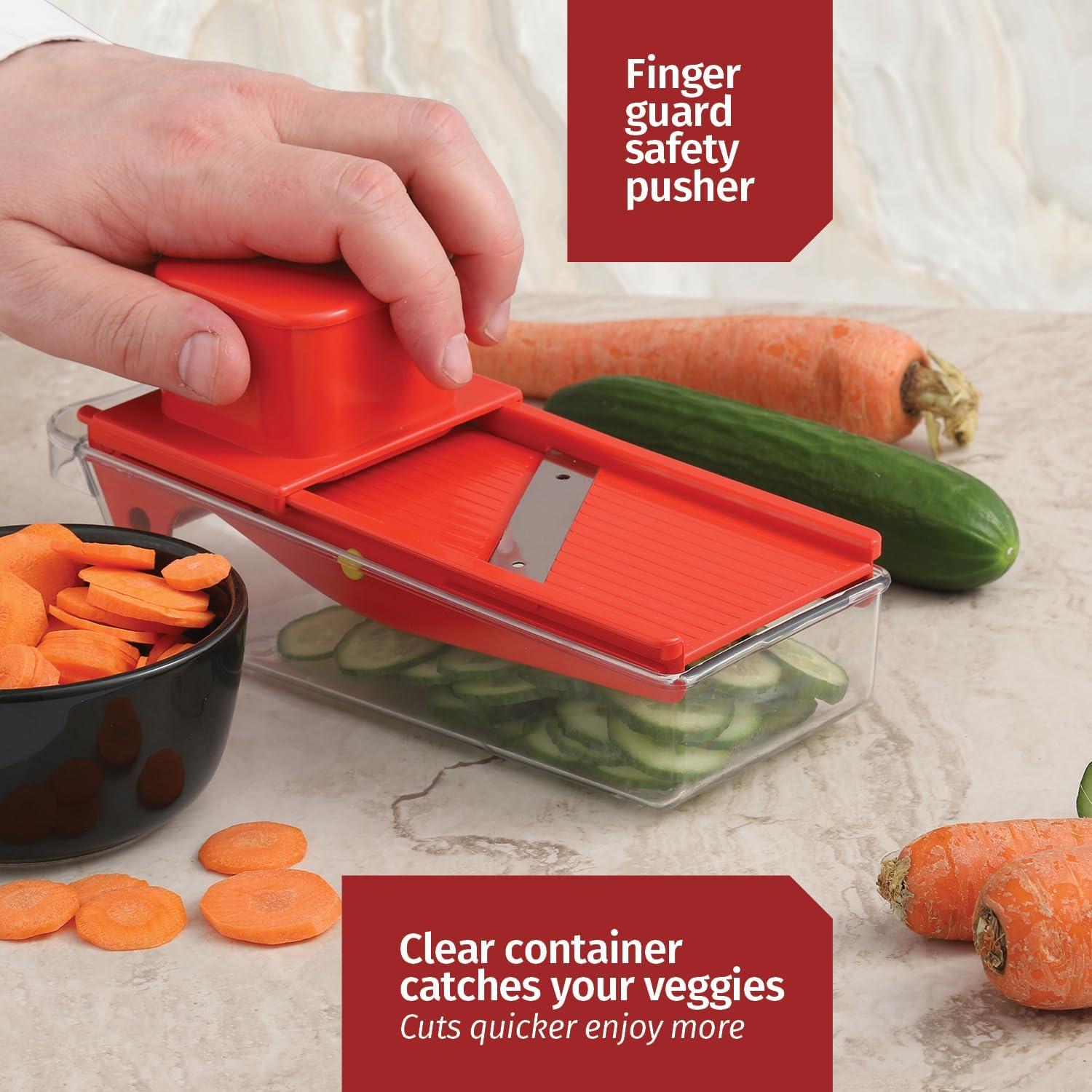 Small Mandoline Slicer – Portable Vegetable Slicer for Kitchen, Travel, On The Go – Adjustable thickness mandoline Slicer Food Cutter with Container All-in-1 Compact Vegetable Chopper– with Bowl Red