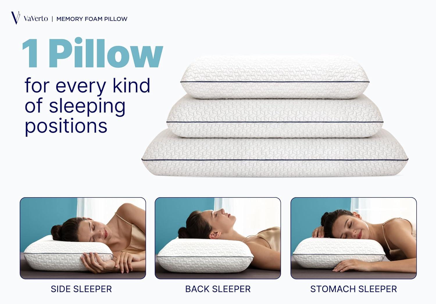 Vaverto Gel Memory Foam Pillow -Standard Size - Ventilated, Premium Bed Pillows with Washable and Bamboo Pillow Cover, Cooling, Orthopedic Sleeping, Side and Back Sleepers - 2 Pack