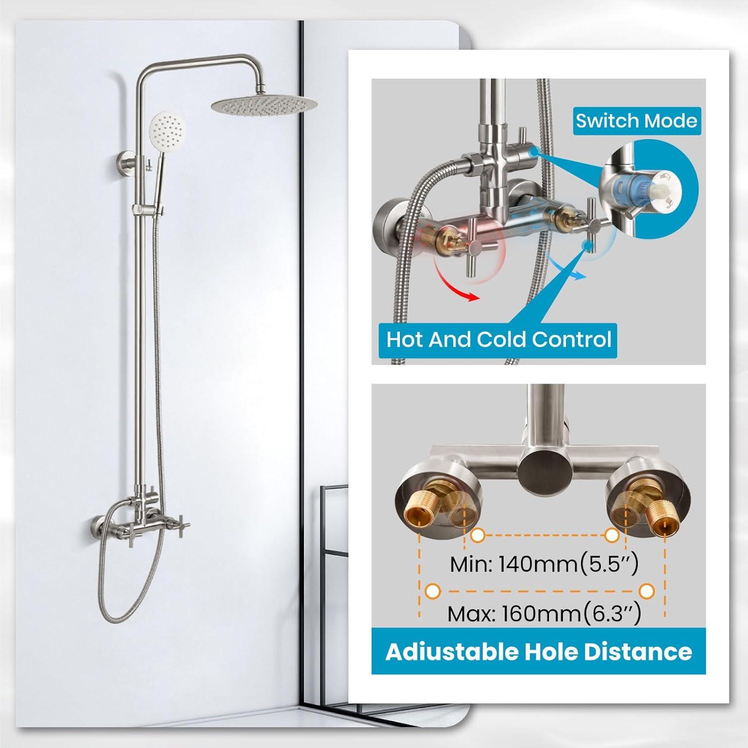 gotonovo SUS304 Outdoor Shower Fixture High Pressure Shower System Combo Wall Mount 2 Dual Function Shower Faucet Set Round Handheld Spray Brushed Nickel Single Handle