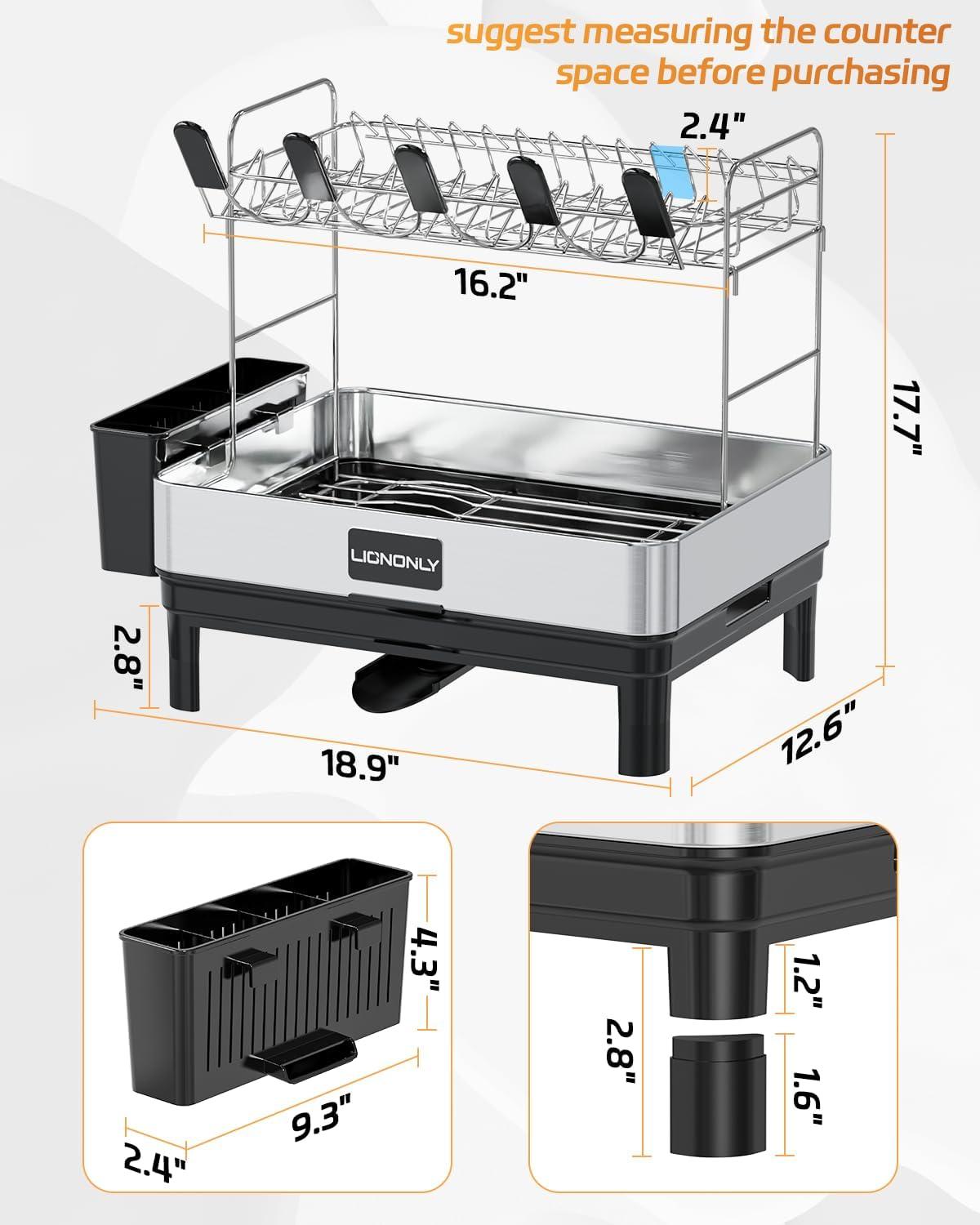 Stainless Steel 2-Tier Dish Drying Rack with Utensil Cup