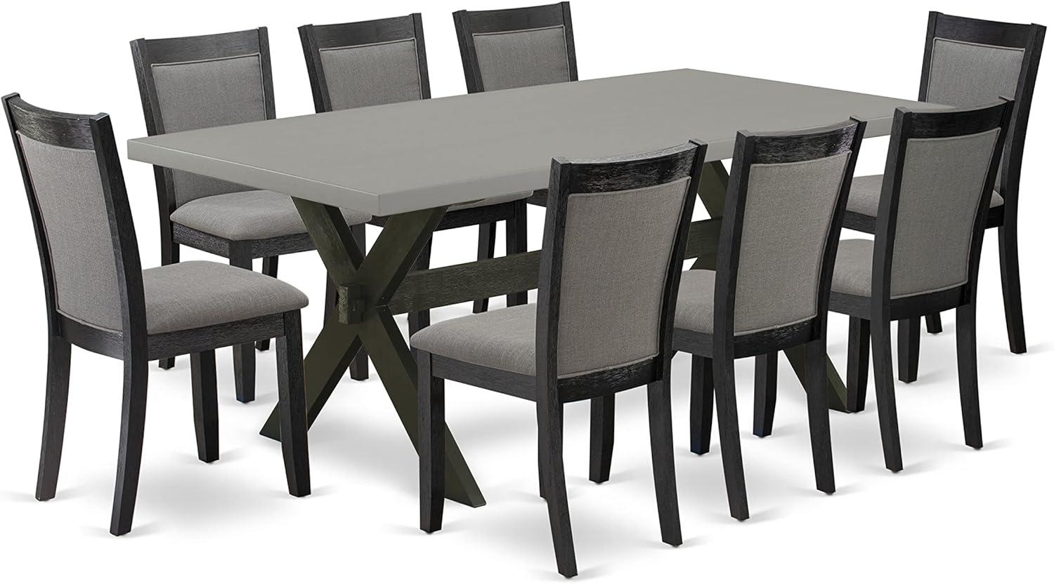 72" Cement Top Dining Table with 8 Dark Grey Linen Chairs