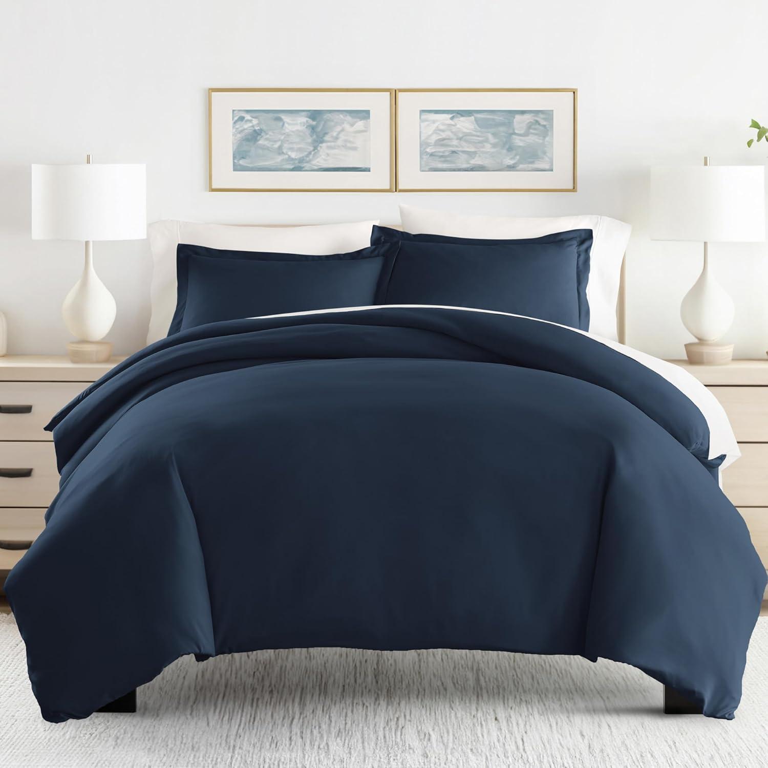 ienjoy Home Collection Soft Brushed Microfiber Duvet Cover Set, Queen, Navy