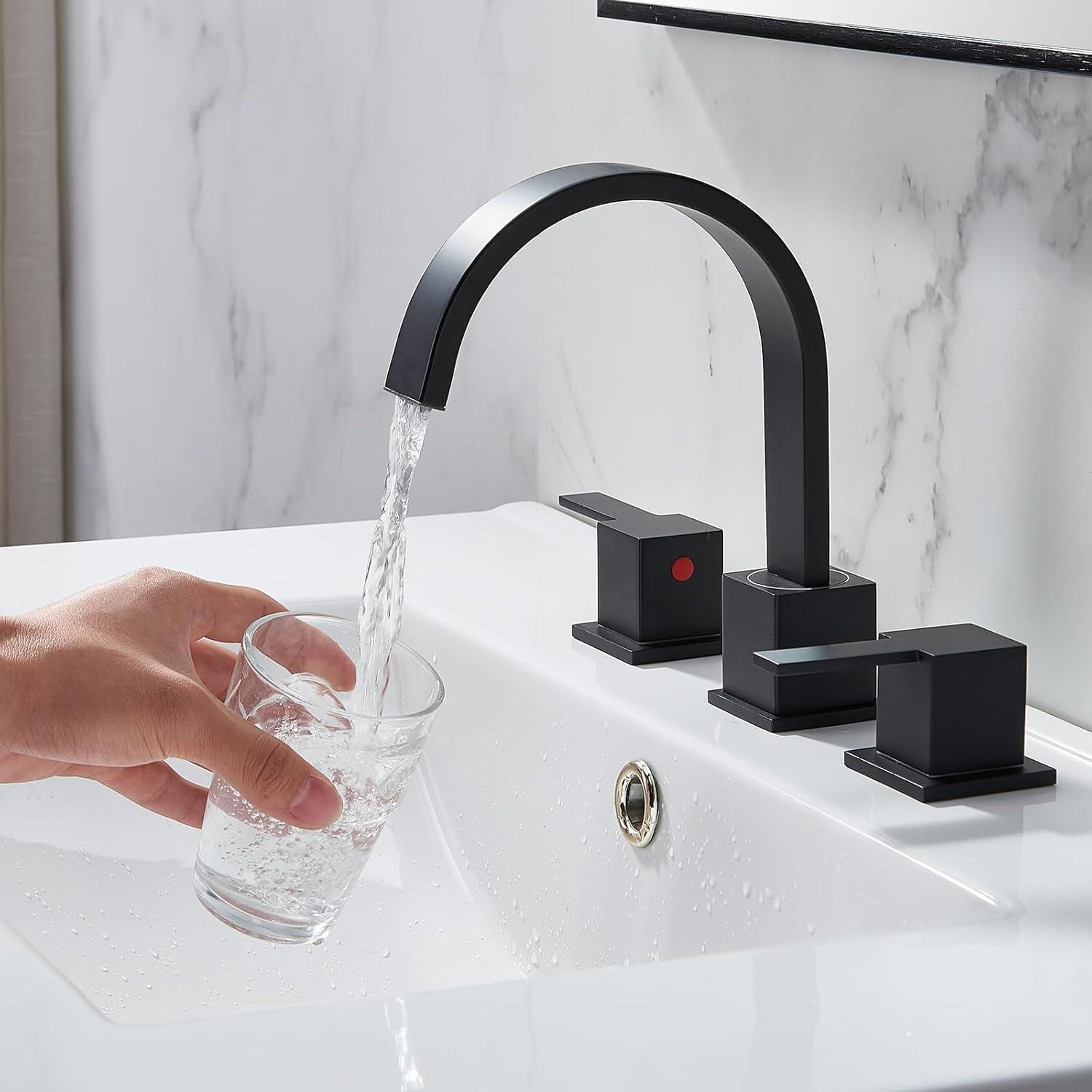 VAPSINT Black Bathroom Faucet 3 Hole, 8 Inch Widespread Matte Black Waterfall Bathroom Sink Faucet, 2 Handle Lavatory Vanity Faucet for Bathroom Sink with Pop Up Drain & Supply Hoses