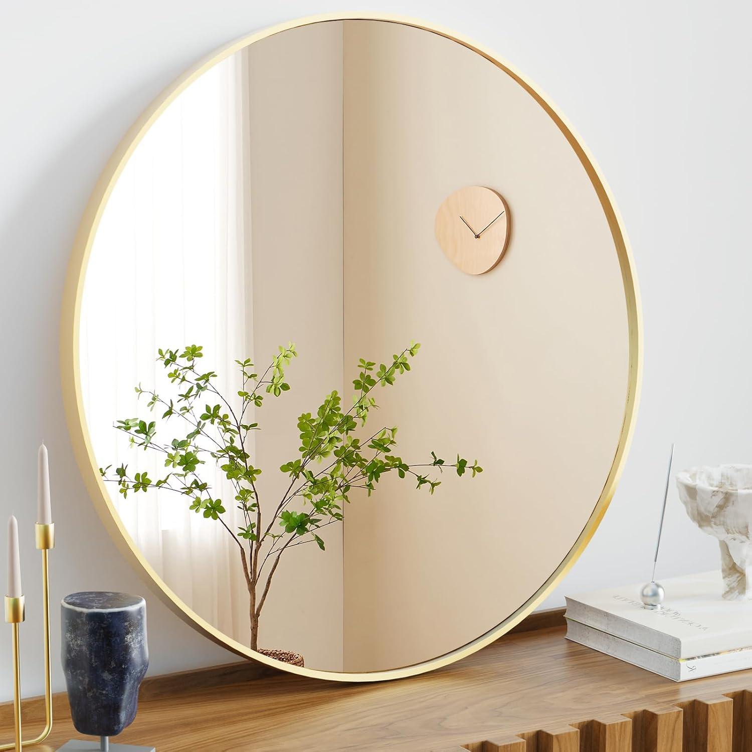 Gold Round Alloy Steel Wall Mirror for Bathroom and Bedroom, 24 Inch