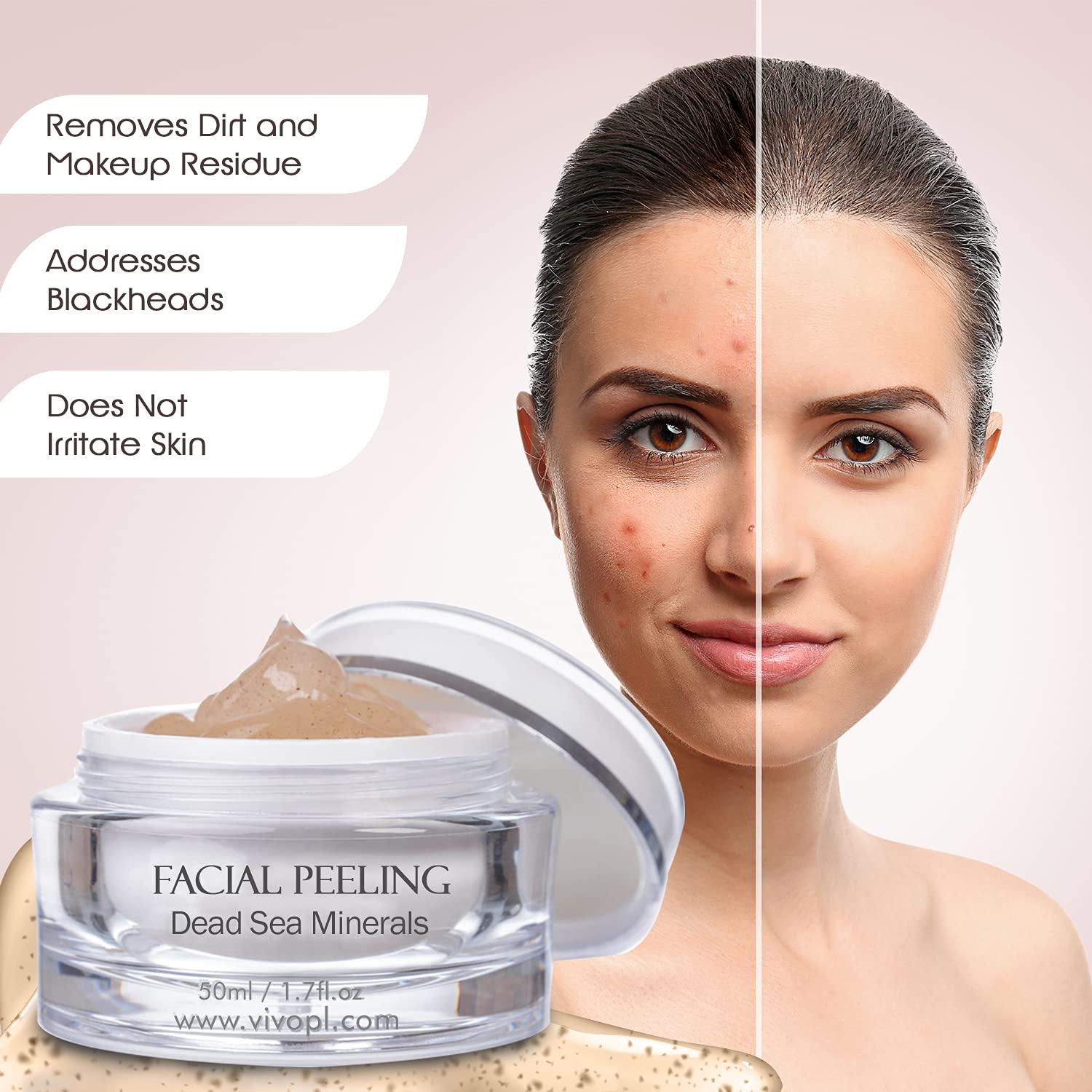 Vivo Per Lei Facial Peeling Gel - Contains Dead Sea Minerals and Nut Shell Powder - Gentle Face Exfoliator Scrub and Blackhead Remover - Peel Your Skin to a Fresher You - 3.4 Fl. Oz.
