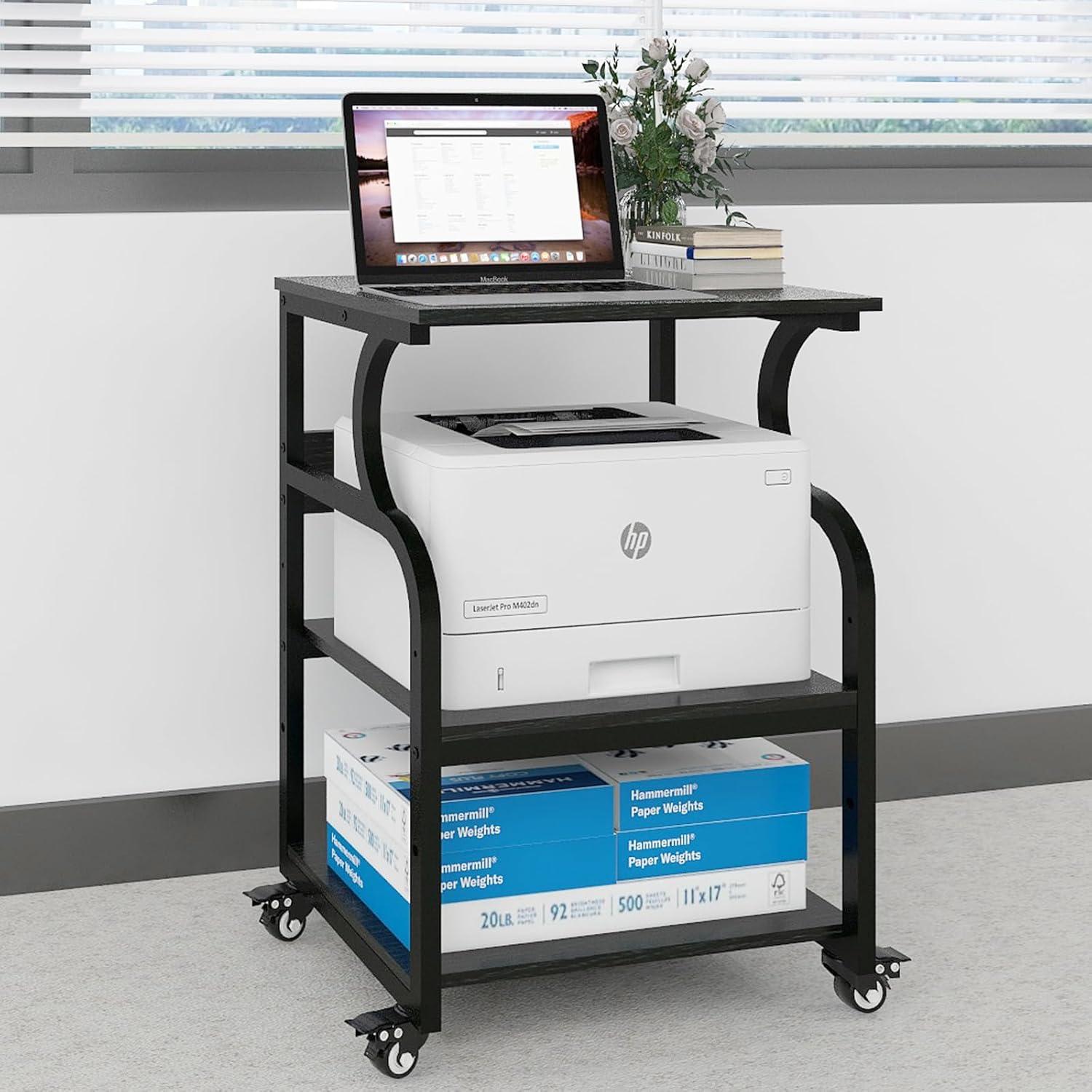 Natwind Large Printer Stand,24''x20''x29''Printer Table with Adjustable Storage Shelf,3 Tier Rolling Printer Cart with Wheels,Home Office Multifunctional Shelves for Heat Press (Black)
