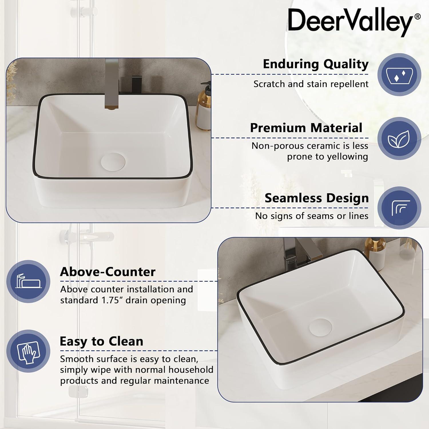 DeerValley DV-1V0317 Deervalley Liberty 16'' X 12'' Rectangular Vitreous China Vessel Bathroom Sink, White With Black Striped Edge