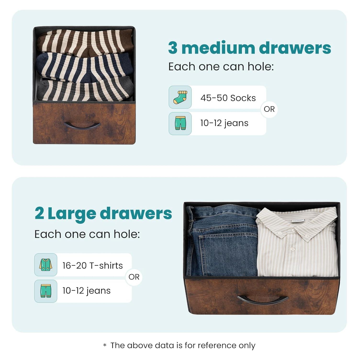 Chest of Drawers with Fabric Bins, Organizer Storage 5, Long Dresser with Wood Top for Bedroom, Closet, Entryway, Rust Brown
