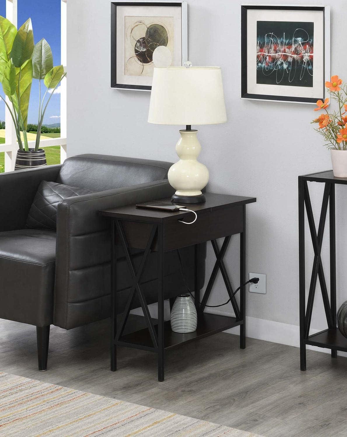 Convenience Concepts Tucson Flip Top End Table with Charging Station and Shelf, Espresso/Black