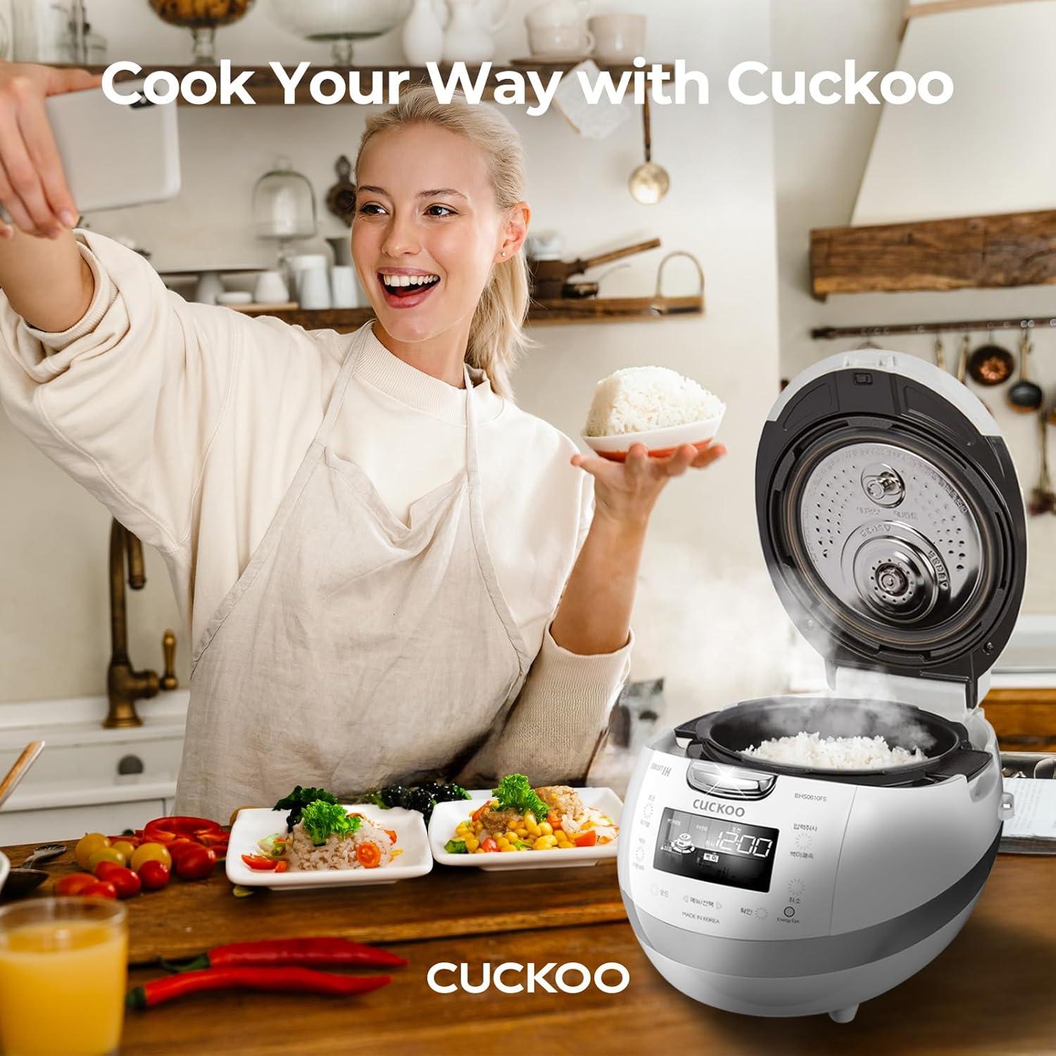 Cuckoo Electronics CUCKOO 6-Cup Induction Heating Pressure Rice Cooker with Nonstick Inner Pot, 16 Menu Modes, Fuzzy Logic Tech, 3 Voice Guide, Auto Clean (White) CRP-BHSS0609F