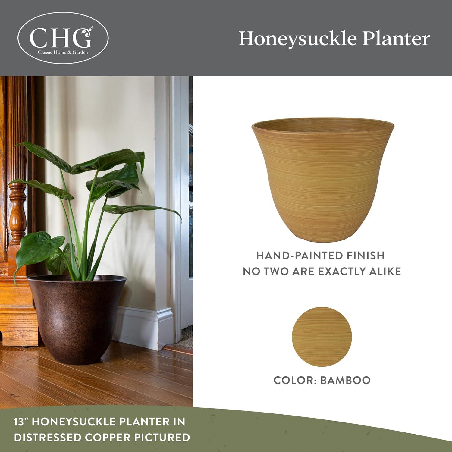 Classic Home and Garden Indoor/Outdoor Round Honeysuckle Resin Flower Pot Planter, Bamboo Brown, 15in