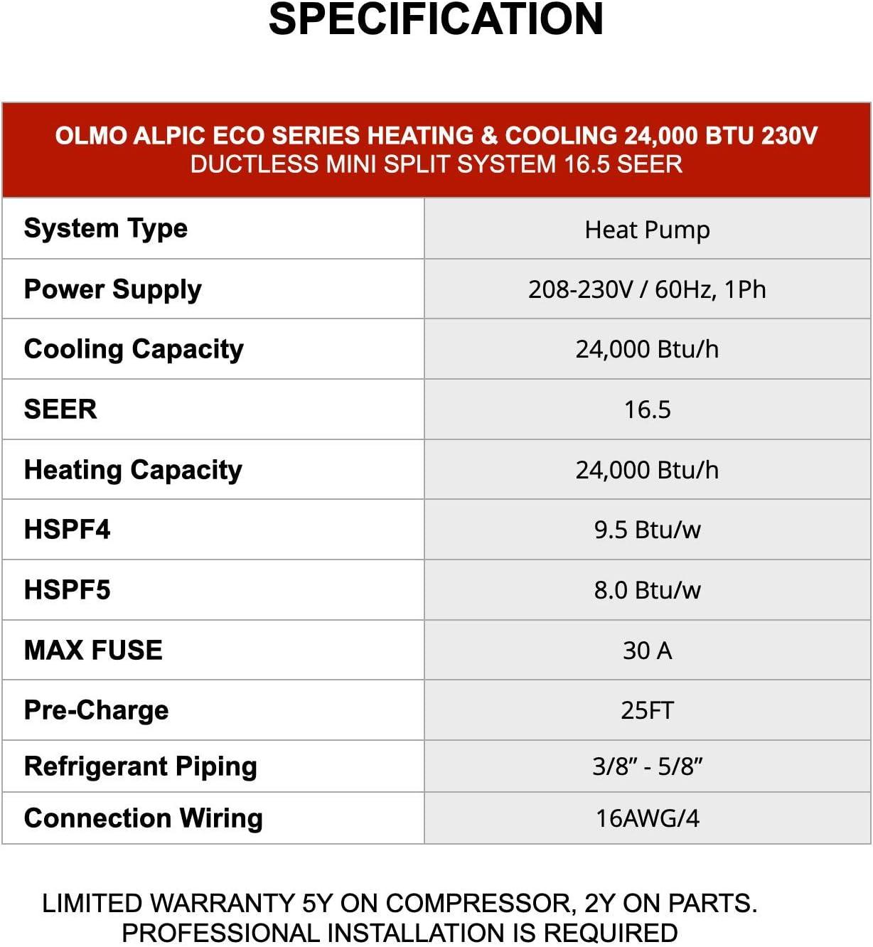 OLMO Alpic 24000 BTU Ductless Mini Split Air Conditioner Heating and Cooling Full Set with 16ft Installation Kit