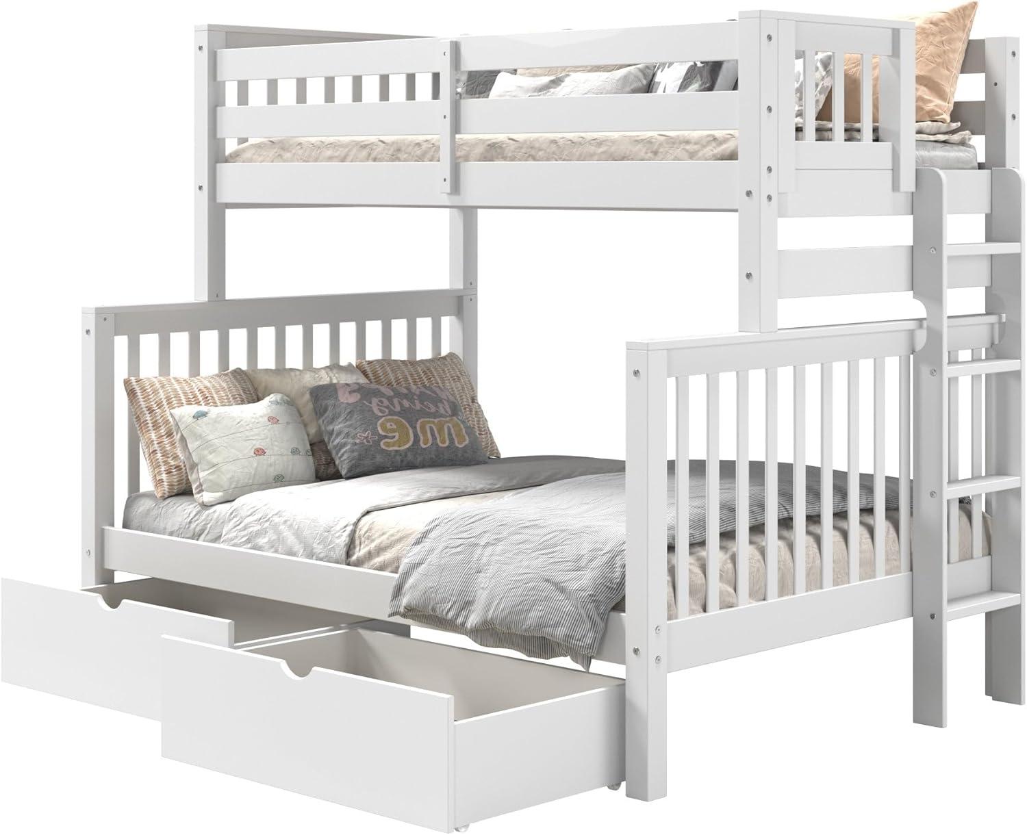 Bedz King Bunk Beds Twin over Full Mission Style with End Ladder and 2 Under Bed Drawers, White