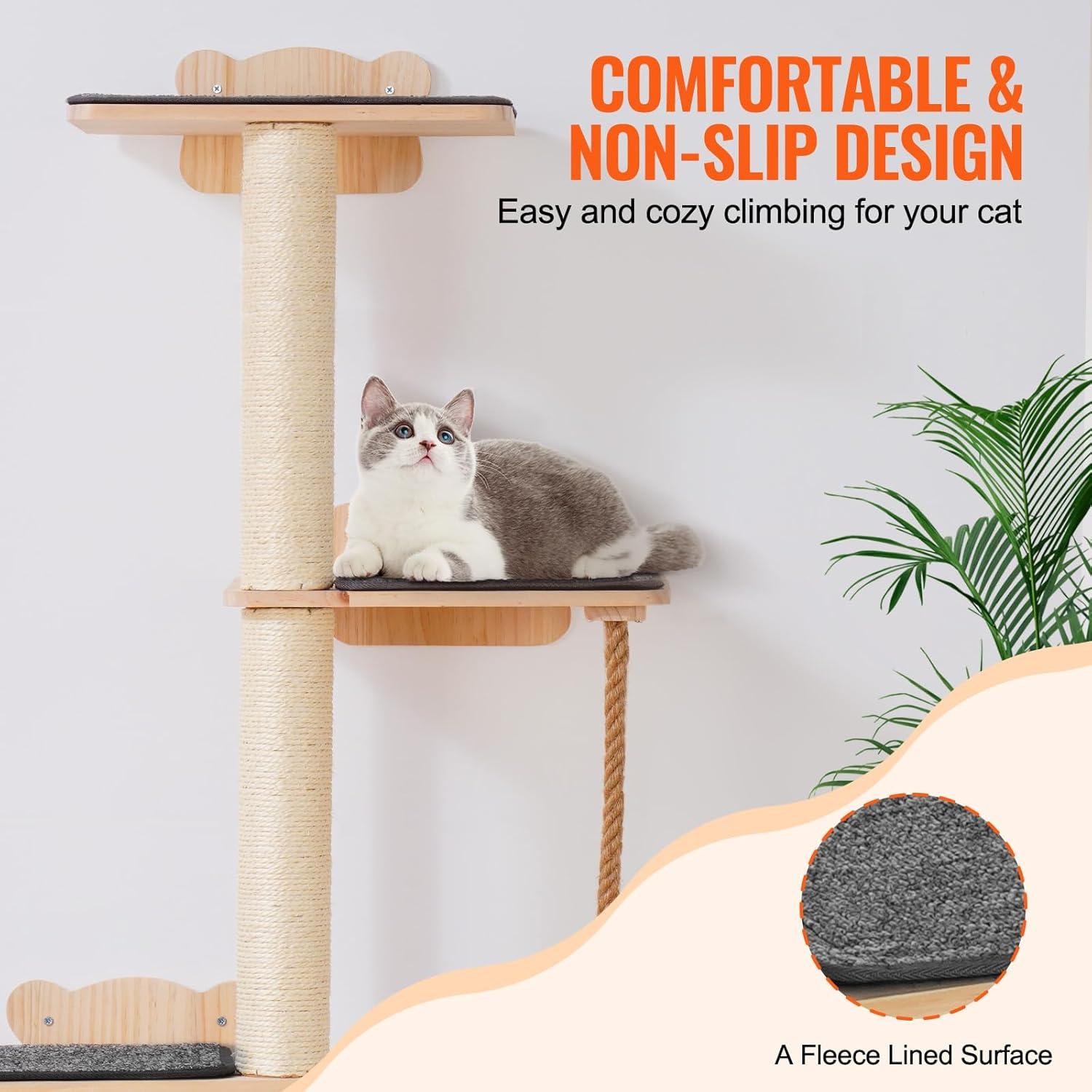 Natural Pine Wood Multi-Level Cat Wall Shelf Set