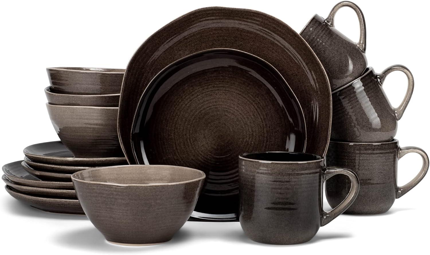 Elanze Designs 16-Piece Reactive Glaze Ceramic Stoneware Dinnerware - Service for 4, Mocha Grey Ombre