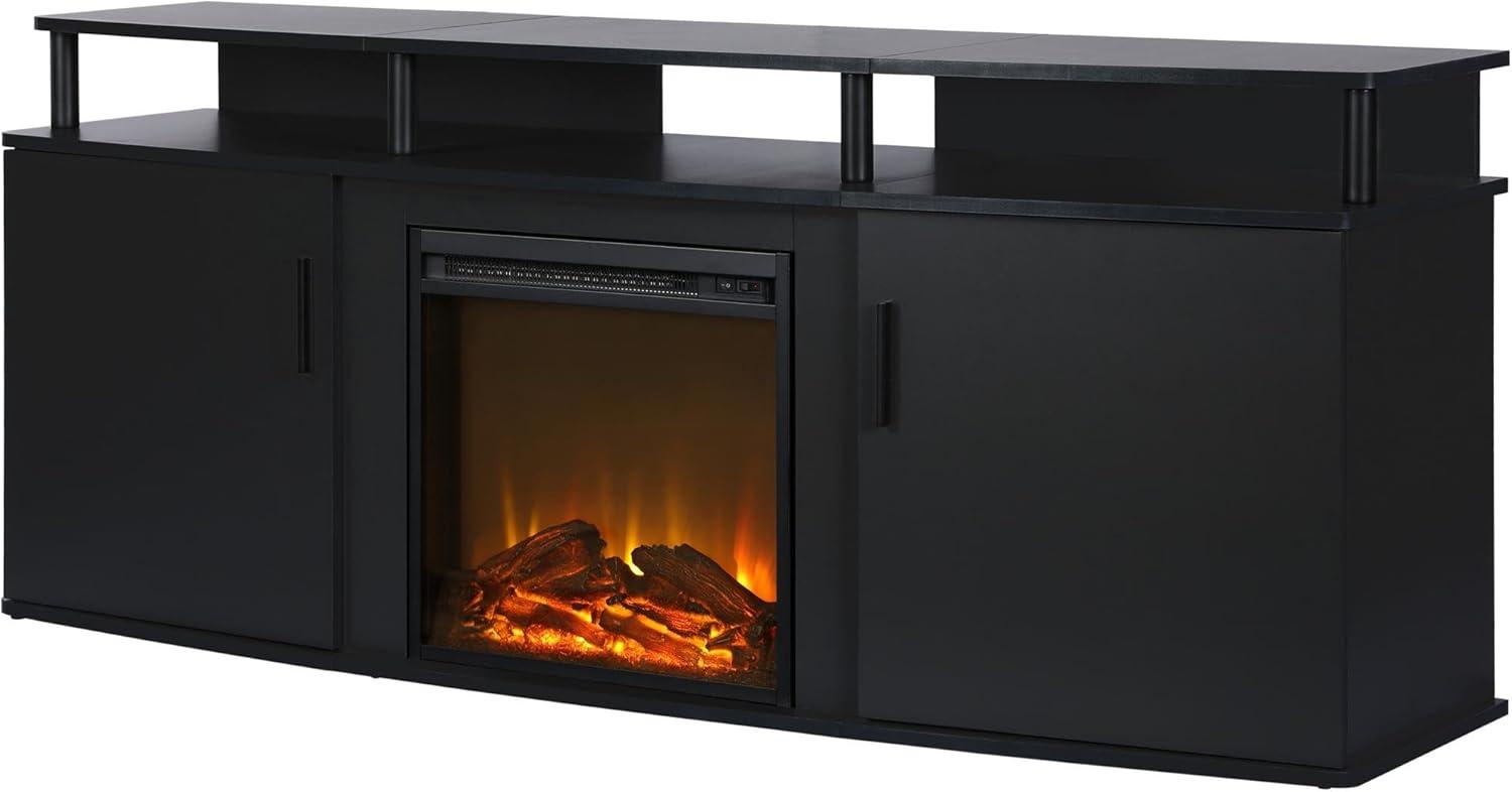 Black 70-Inch TV Stand with Electric Fireplace and Cabinets