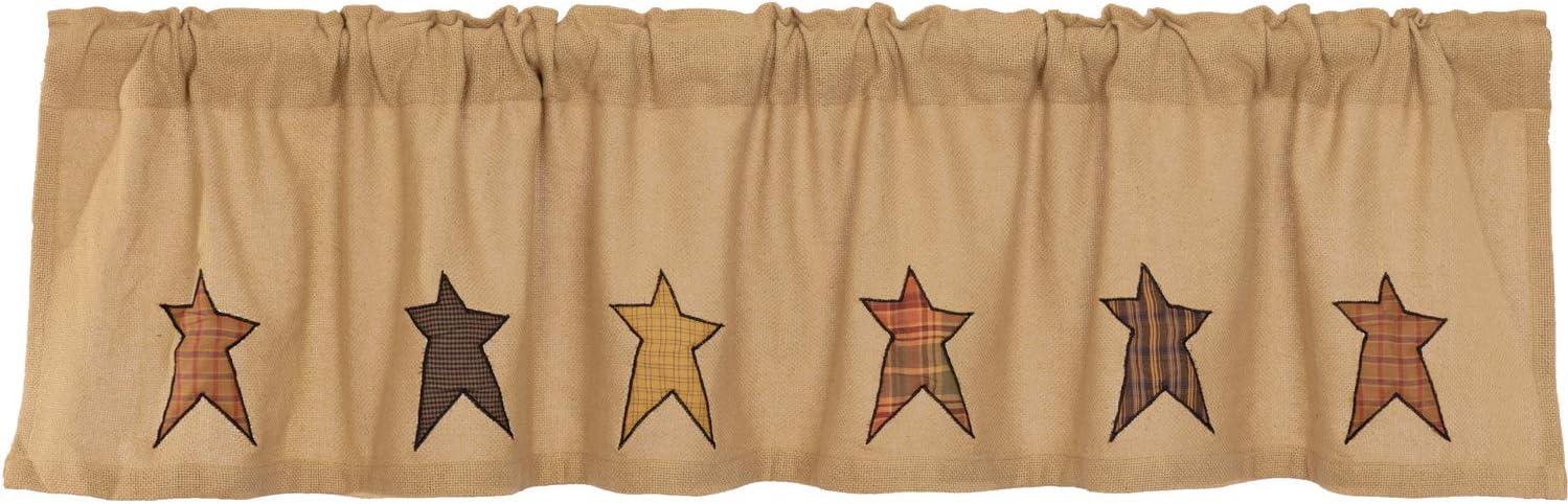 VHC Brands Stratton Primitive 16"x72" Stars Valance Tan Rod Pocket Appliqued Cotton Burlap Kitchen Window Curtains