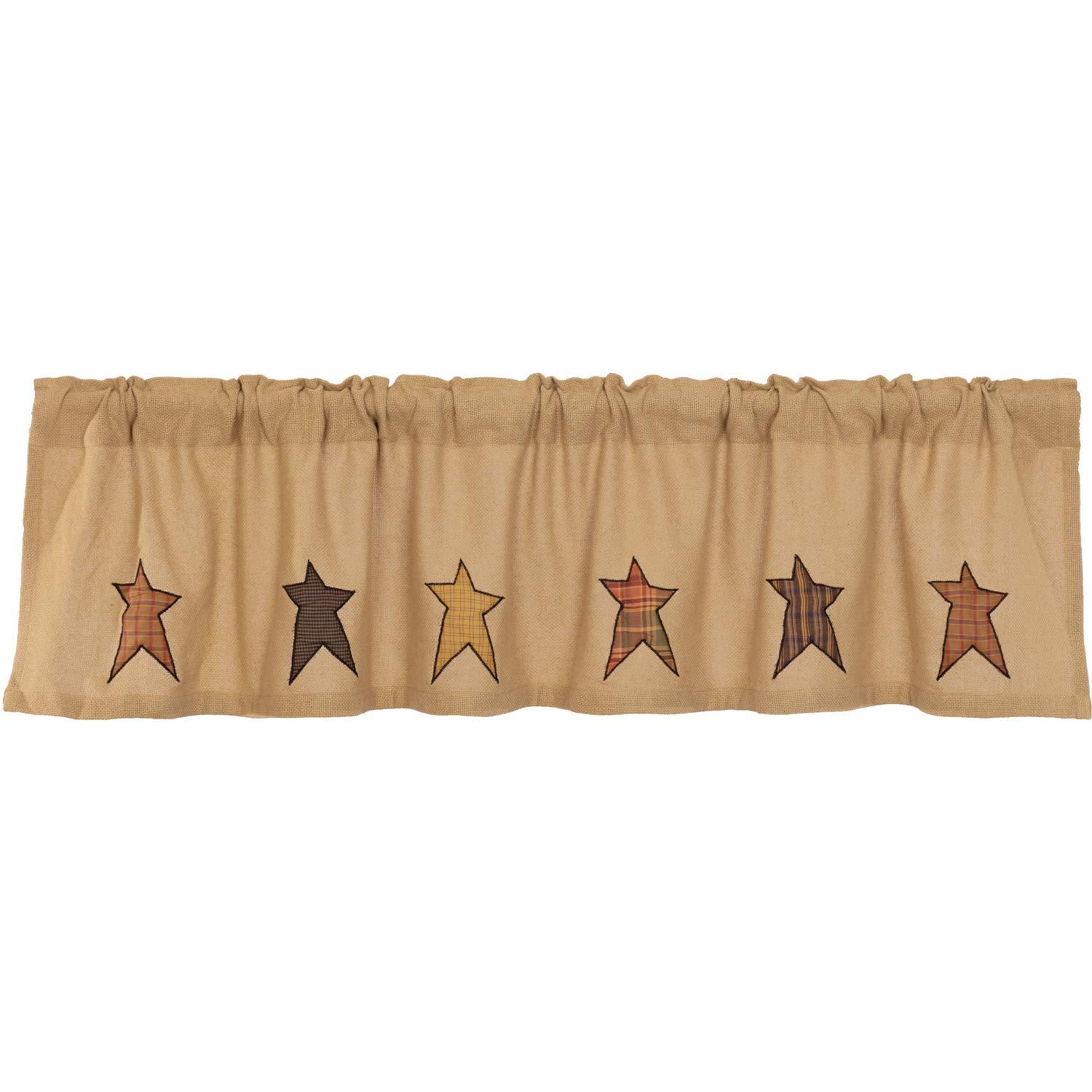 VHC Brands Stratton Primitive 16"x72" Stars Valance Tan Rod Pocket Appliqued Cotton Burlap Kitchen Window Curtains