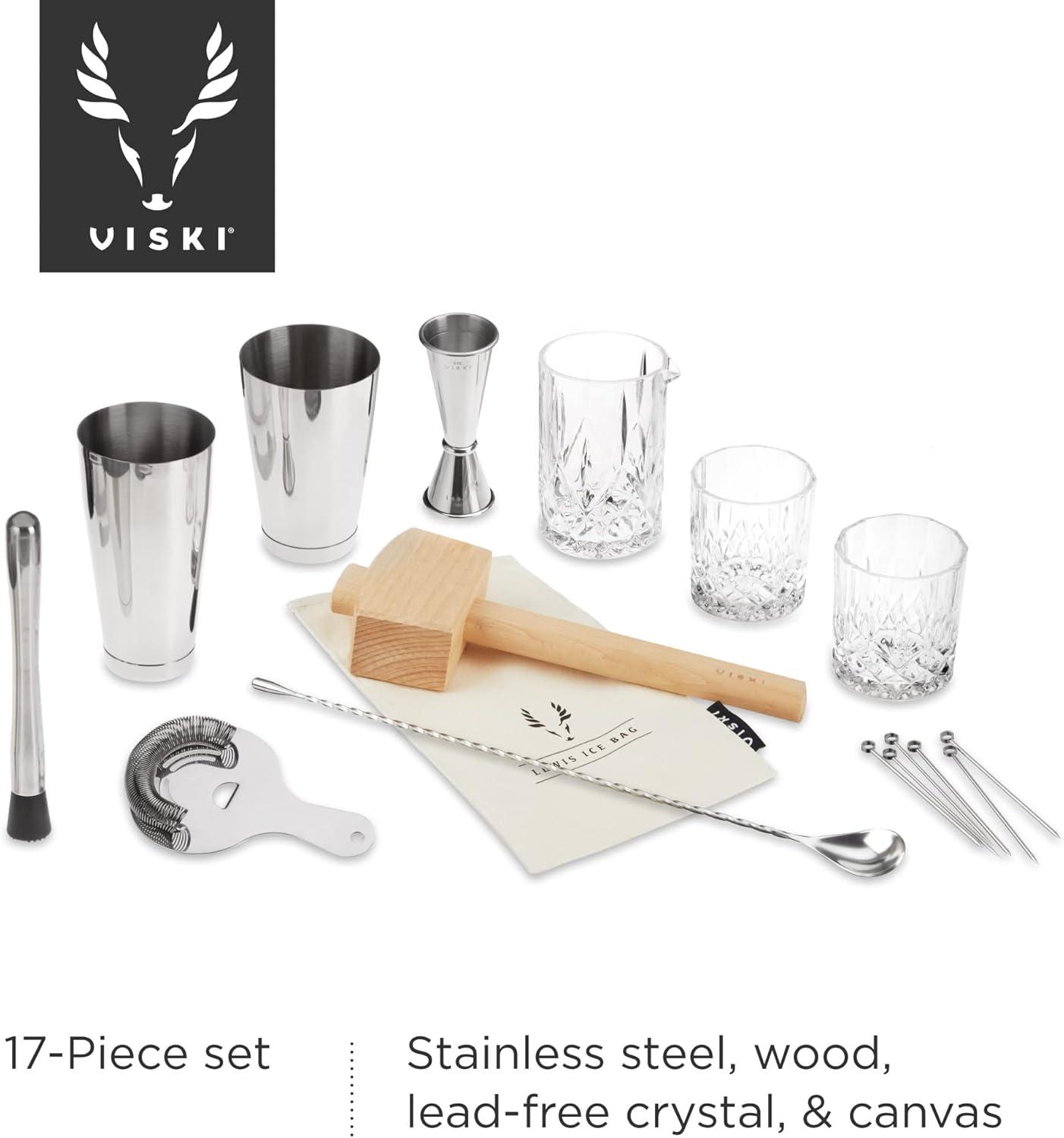 Viski 17-Piece Bar Tools Bartender Tool Kit - Cocktail Making Kit - Bartending Supplies with Shakers and More Set of 17, Silver