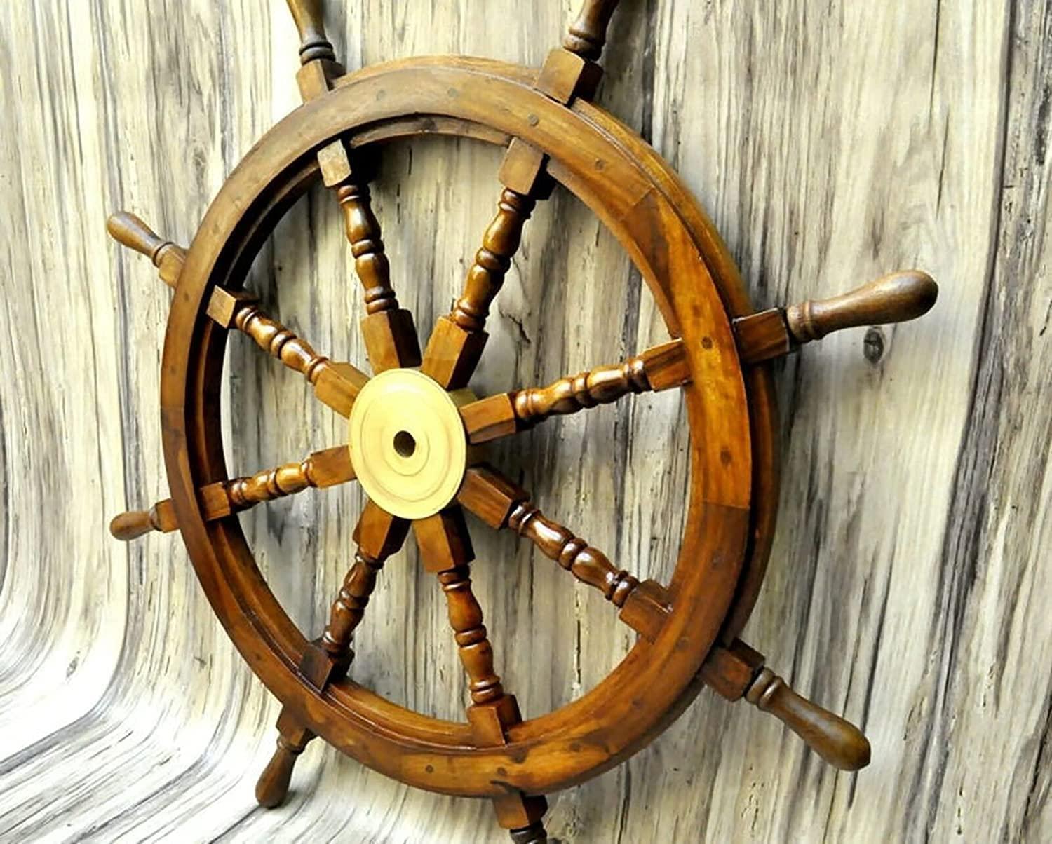 Handcrafted 30" Brown Wood and Brass Nautical Ship Wheel