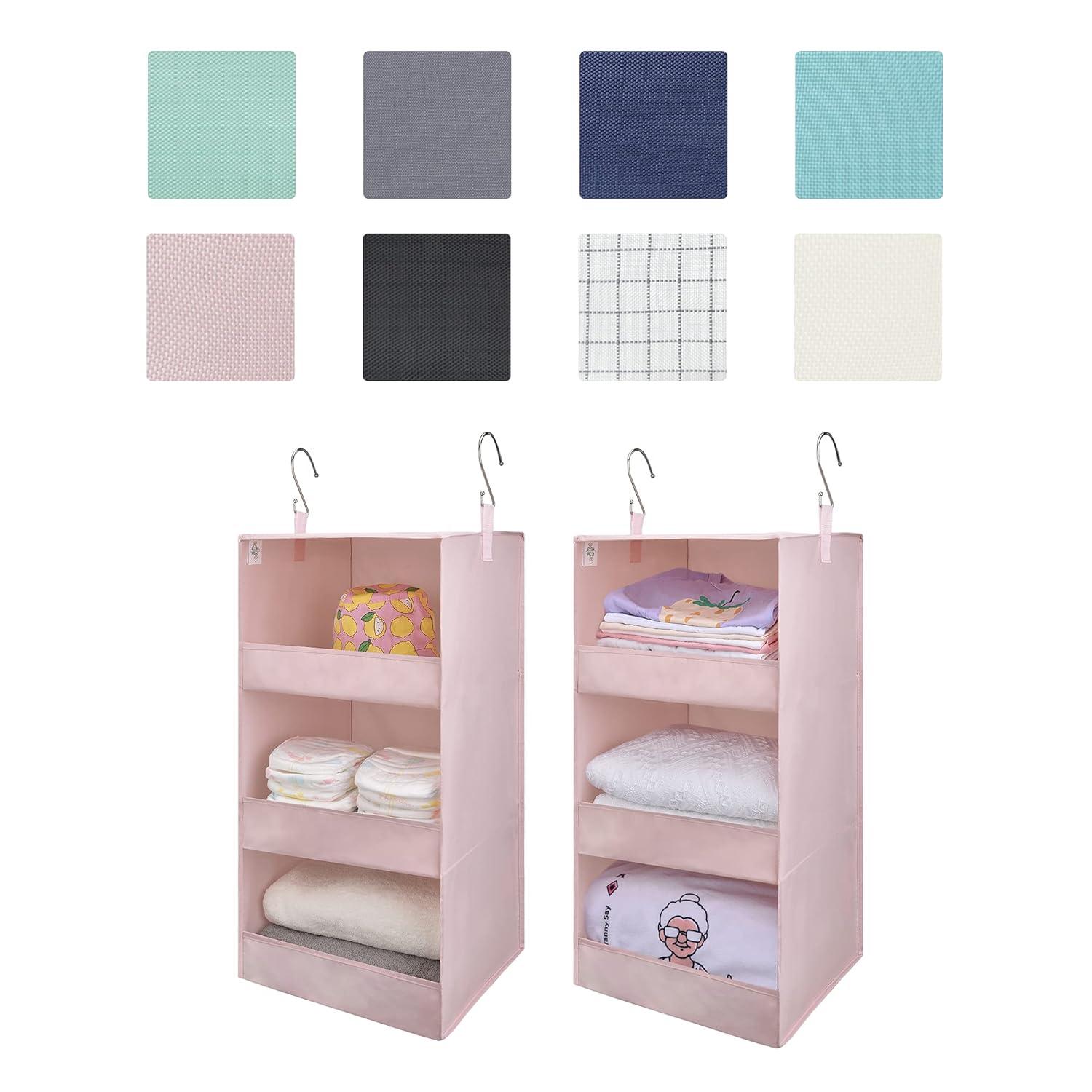 GRANNY SAYS 3 Shelf Hanging Closet Organizers and Storage, Collapsible Closet Storage Organizer with 2 Metal Hooks, Leak-Proof Hanging Shelves for Kids Clothes, Baby Towels, 2 Pack, Pink