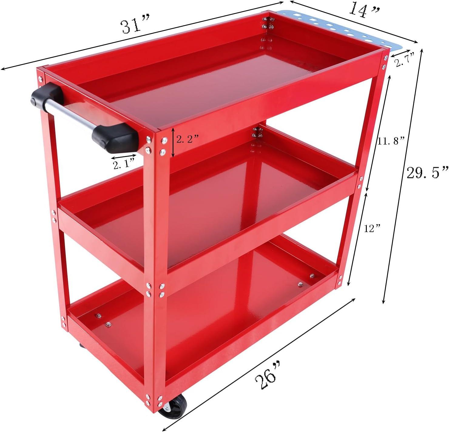 3-Tier Utility Cart,3 Shelves Rolling Carts with Brake Wheels,450lbs Load Capacity,Heavy Duty Mechanic Storage Cart Utility Cart for Garage Warehouse Workshop (Red)
