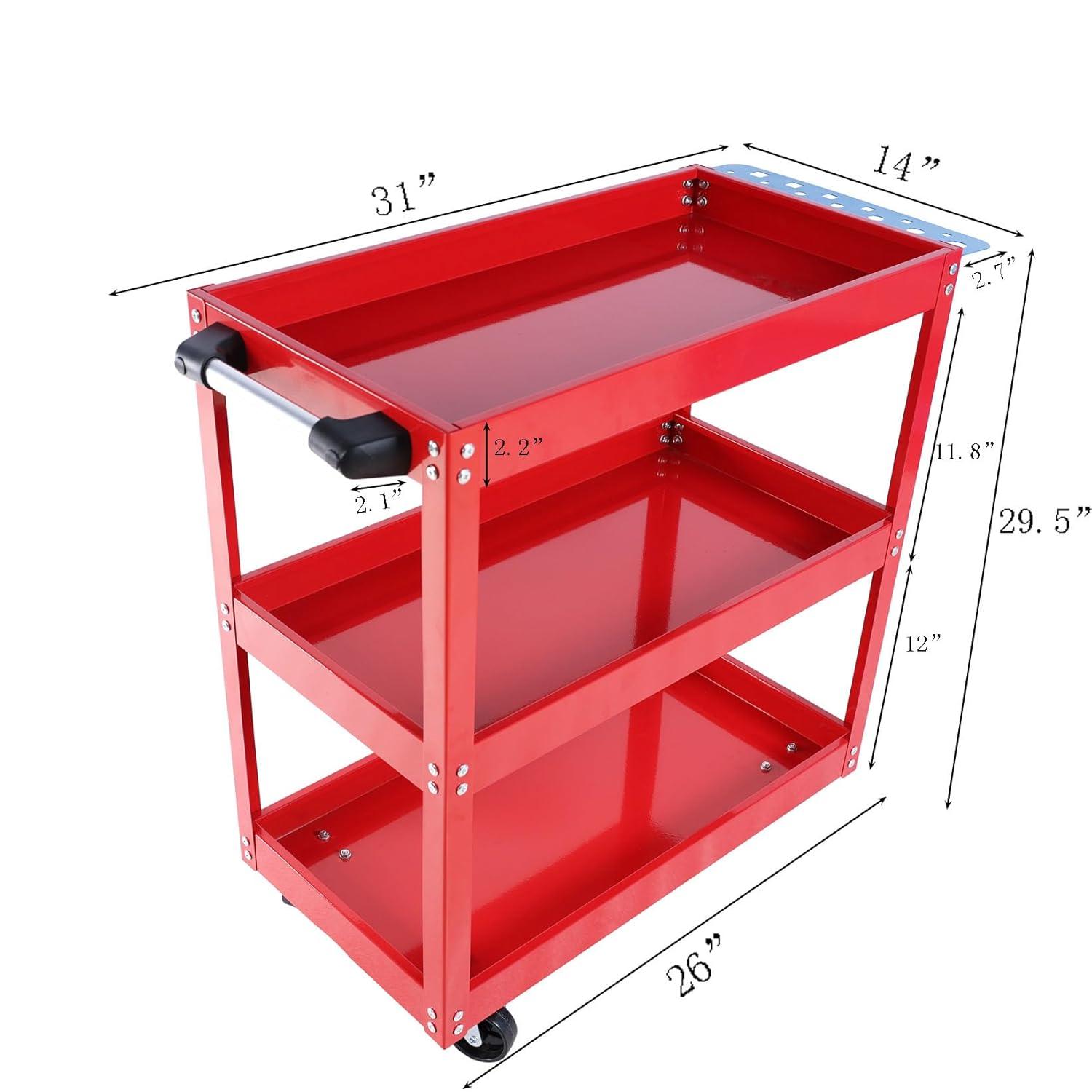 3-Tier Utility Cart,3 Shelves Rolling Carts with Brake Wheels,450lbs Load Capacity,Heavy Duty Mechanic Storage Cart Utility Cart for Garage Warehouse Workshop (Red)