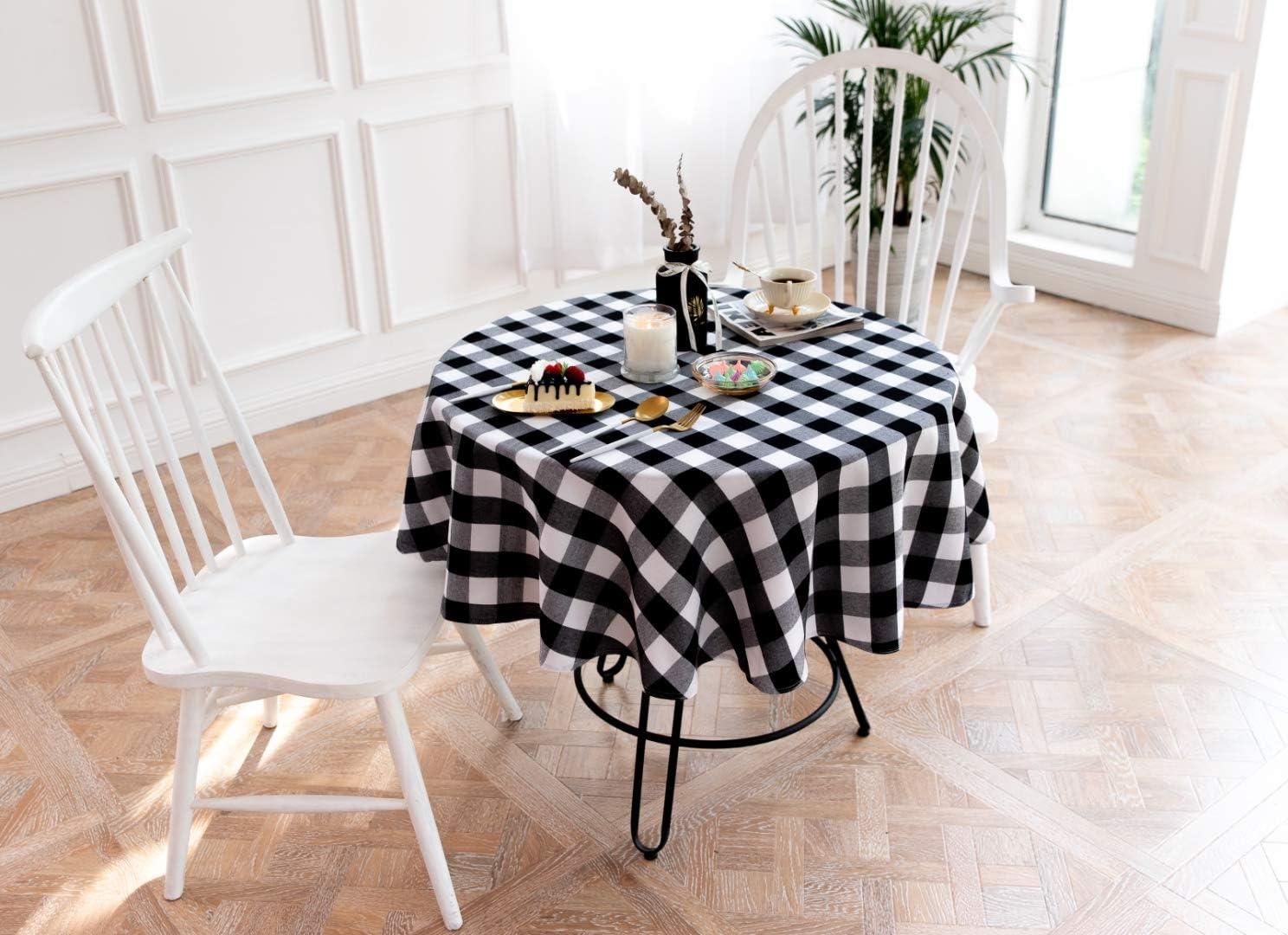 Buffalo Plaid Round Tablecloth Checkered Cotton Linen Table Cover for Kitchen Dining Room Home Decor ( Round - 48 Inch, White & Black )