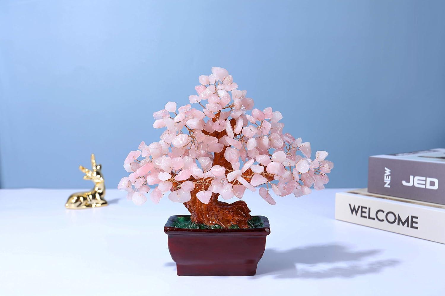 Feng Shui Natural Rose Pink Quartz Crystal Money Tree Bonsai Style Decoration for Wealth and Luck