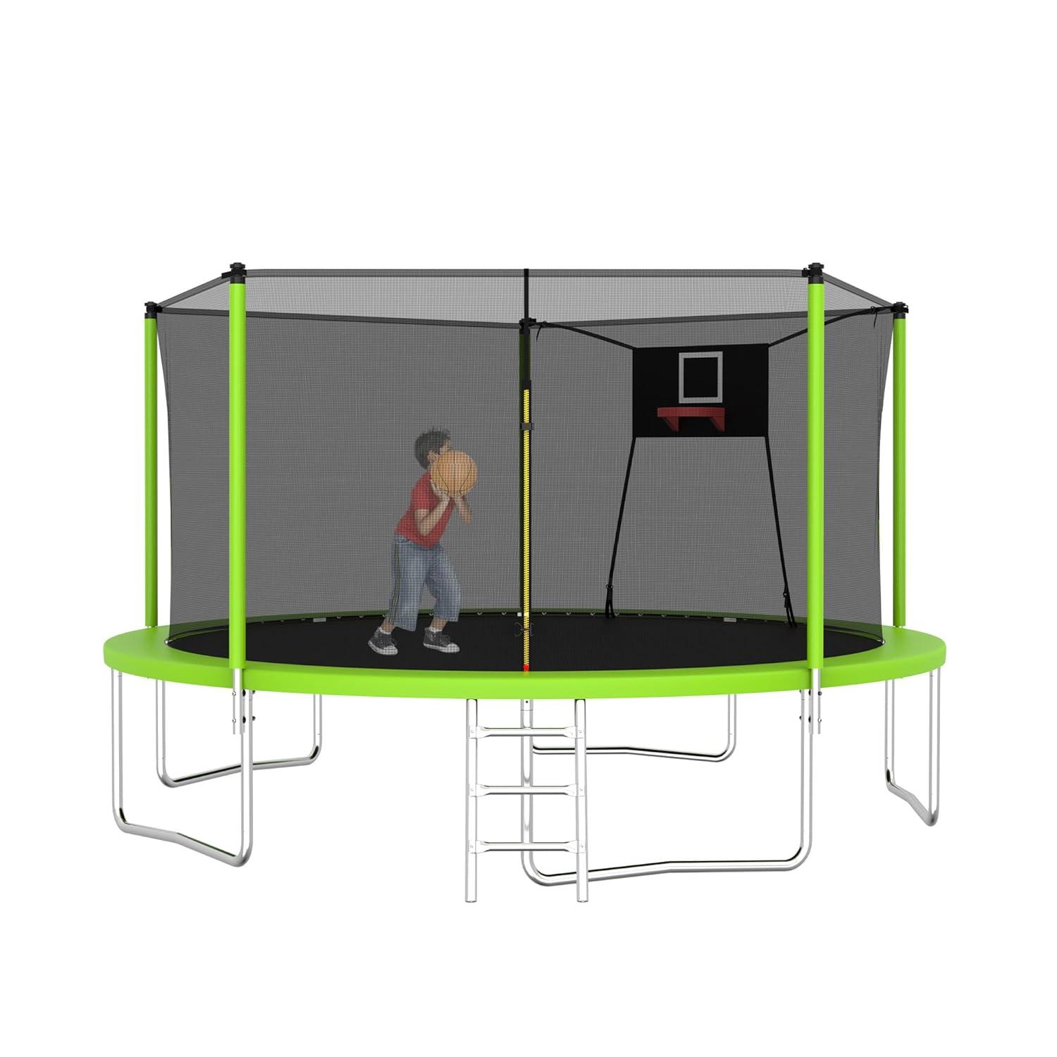 1000 LBS 14FT Outdoor Trampoline with Basketball Hoop & Safety Enclosure Net - ASTM Approved, Heavy-Duty Recreational Trampoline for Kids & Adults