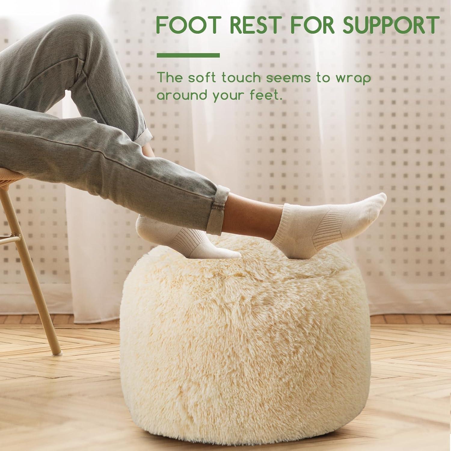 Round Stuffed Pouf Ottoman, Long Faux Fur Poufs with Foam Chunk Filling, Fluffy and Furry Pouf Foot Stool Storage Ottoman, 20 X 15 Floor Poufs Foot Rest for Living Room, Beige