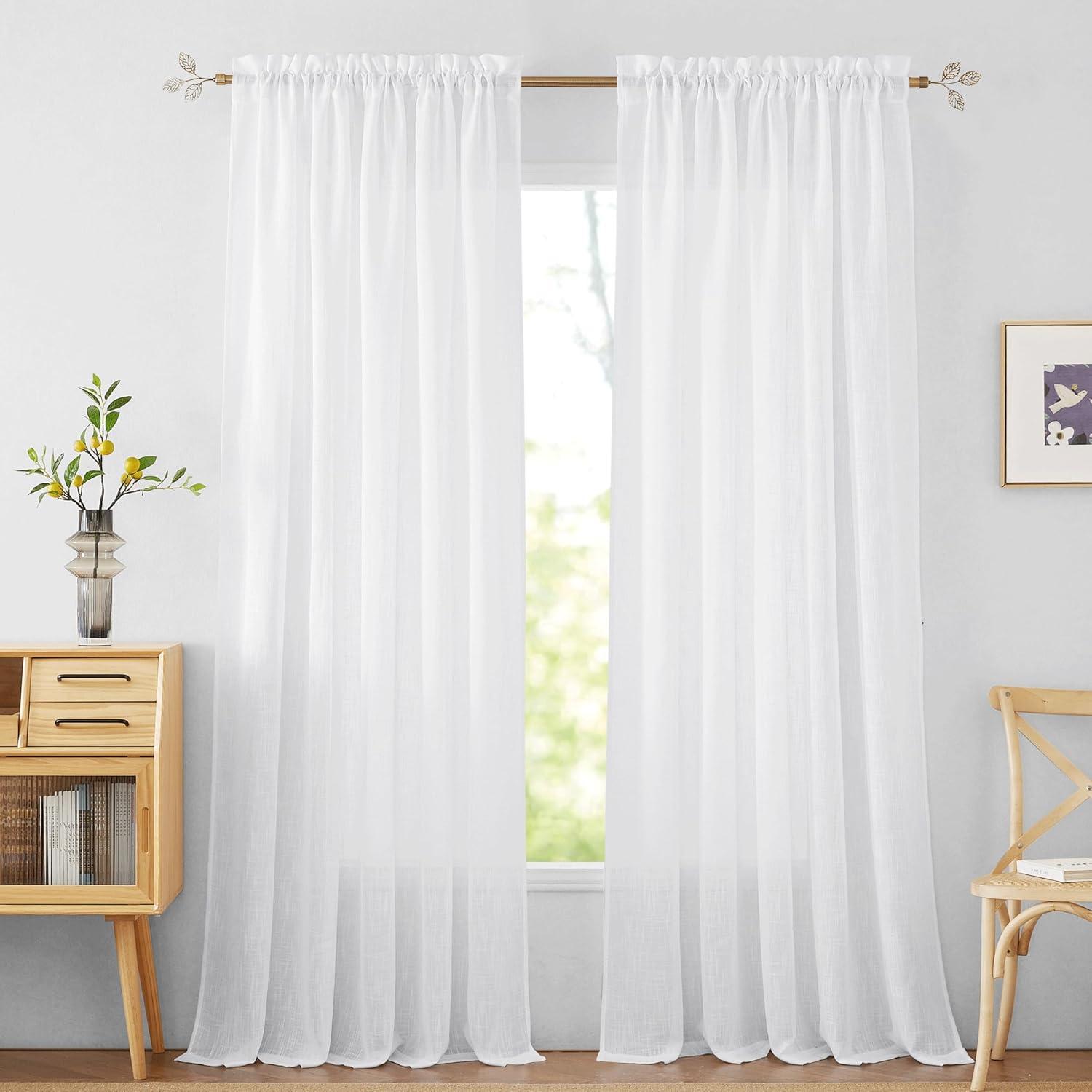 White Linen Textured Sheer 84-Inch Window Curtains