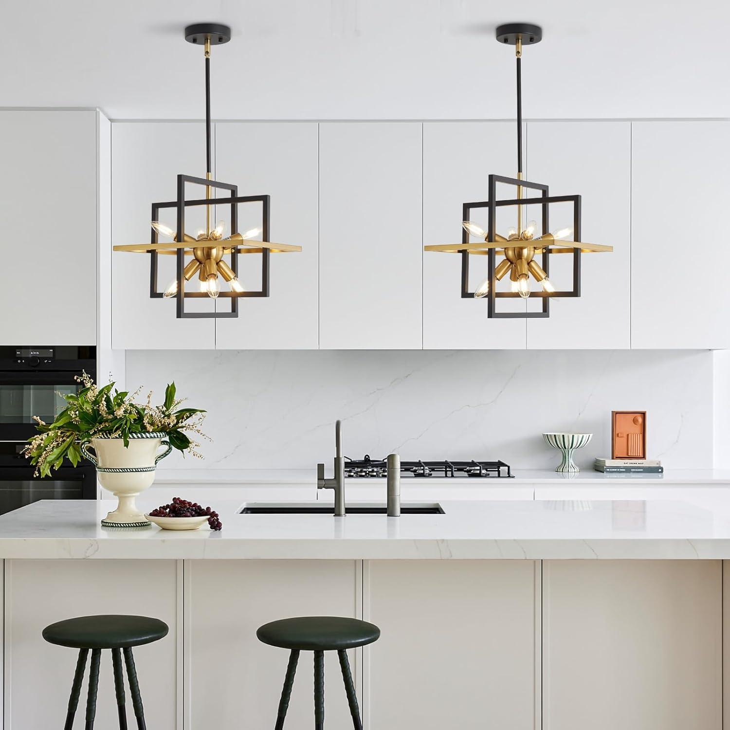 Modern Black and Gold Chandelier, 8-Light Geometric Pendant Light Fixture, Dining Light Fixtures Adjustable Chandelier for Dining Room Entryway Foyer Hallway Bedroom Living Room Kitchen Island