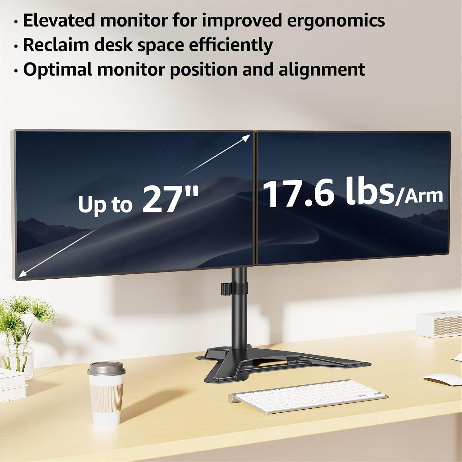 MOUNTUP Dual Monitor Stand - Freestanding & Height Adjustable Monitor Desk Mount, Steady VESA Mount Holds Max 17.6 lbs, Computer Monitor Stand for 2 Screens up to 27 inches, MU1002