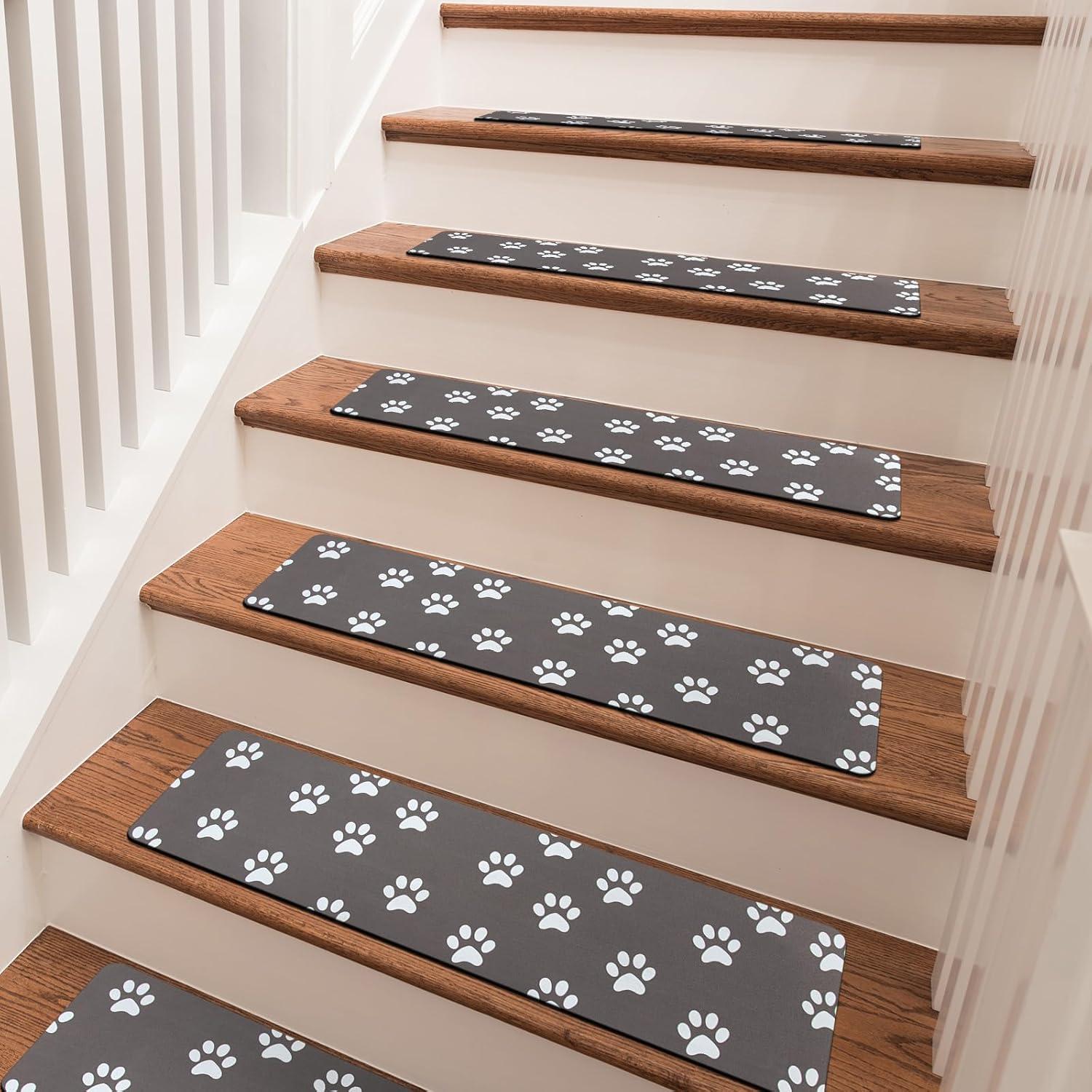 Bungalow Rose Stair Treads Non Slip For Wooden Steps, 15PCS 8"X30" Grey Rubber Backing Stair Runner Mats, Washable Reusable Carpet For Stairs Rugs Indoor Safety Staircase Step Treads For Kids Elders Dogs