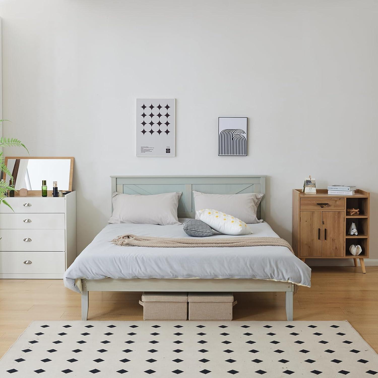 Gray Wood Bed Frame Queen Size Platform Bed with Headboard