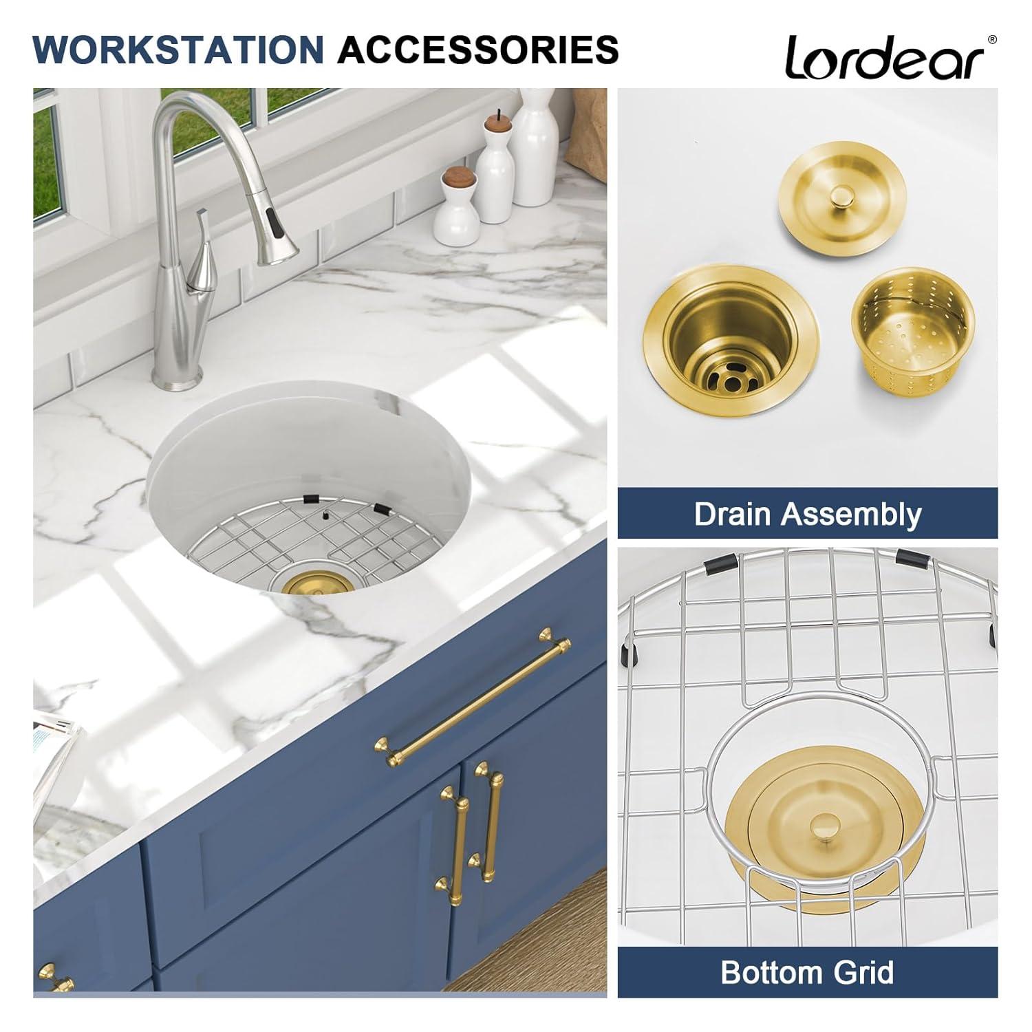 Lordear 18 Inch White Undermount Bar Sink RV 18 x 18 Inch Deep Single Bowl White Small Undermount Bar Prep Sinks Round With Gold Drainer
