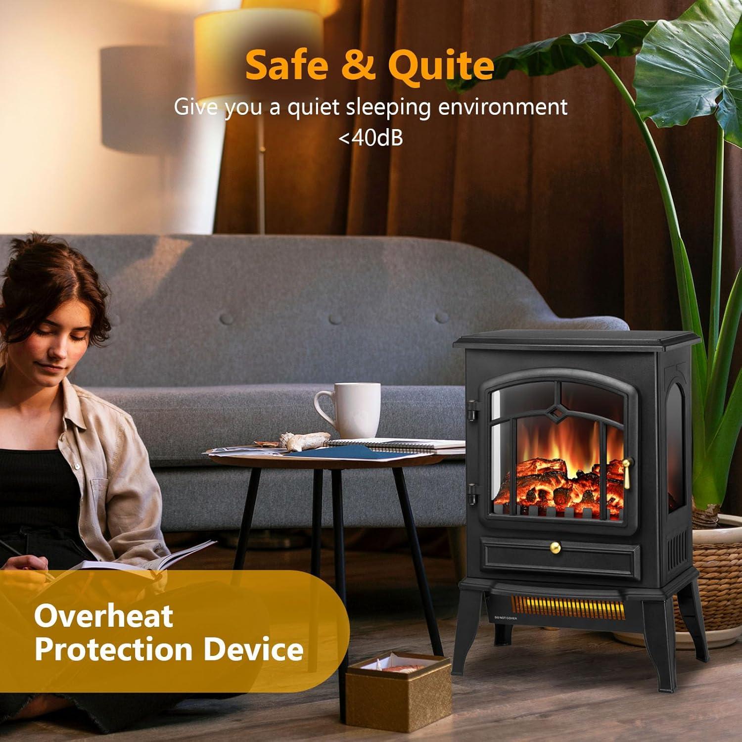 WAA Infrared Electric Fireplace Stove,15" Freestanding Fireplace Heater,Adjustable Brightness and Heating Mode,1000W/1500W,Black