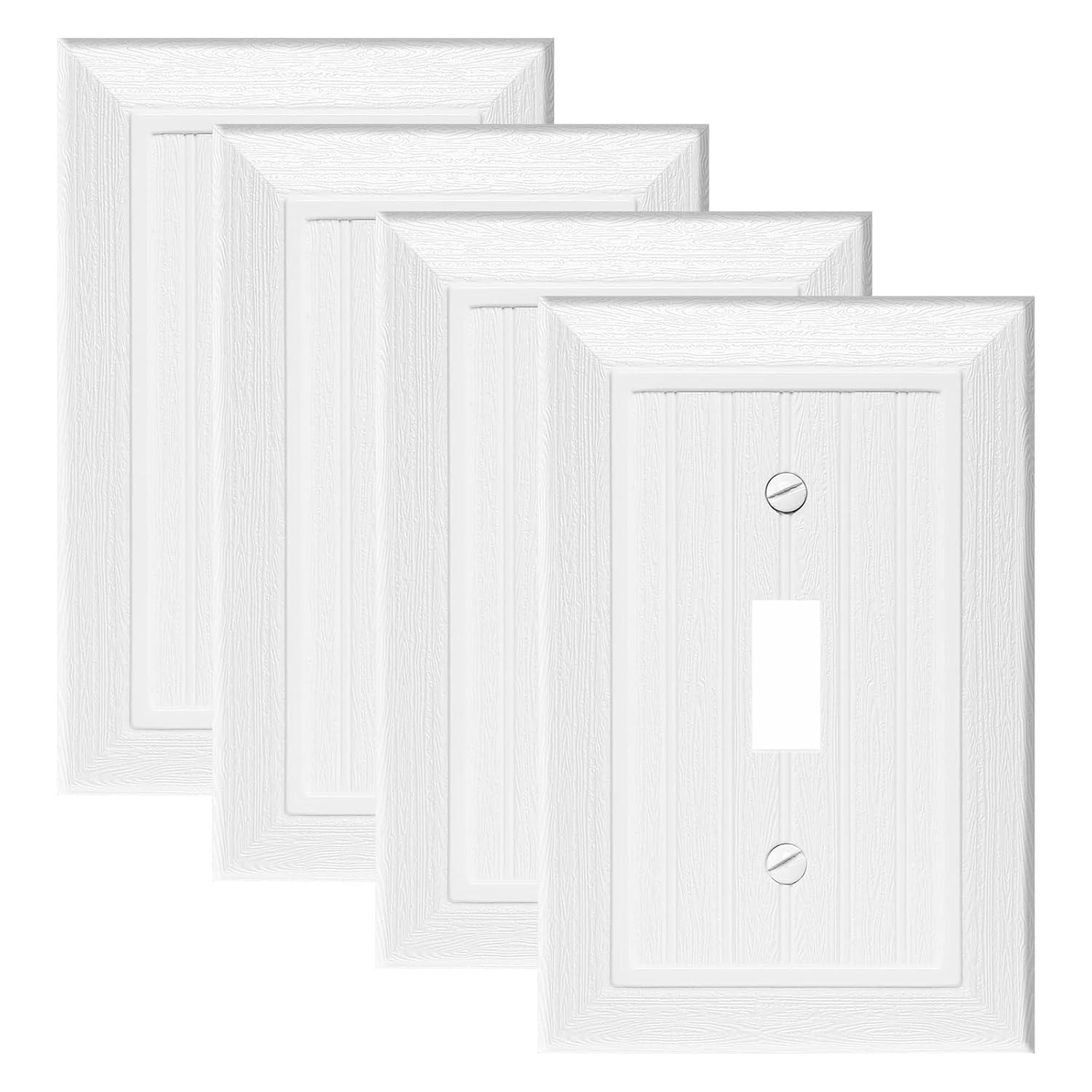 Modern Decorative Wall Plate Switch Plate Outlet Cover, Vintage Retro Wood Grain Design(Single Toggle-4 Pack, White)